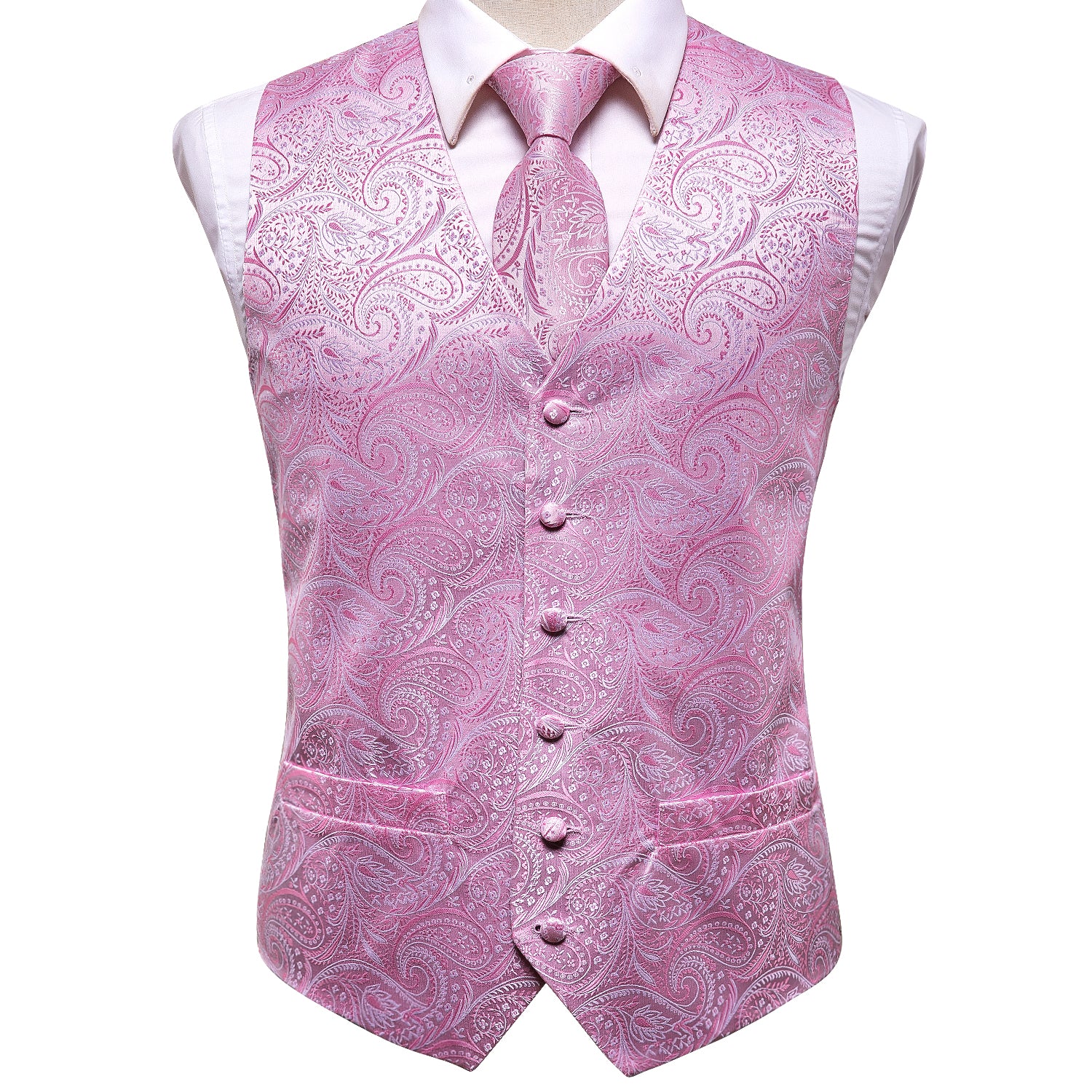 Pink Paisley Silk Men's Vest Hanky Cufflinks Tie Set Waistcoat Suit Set