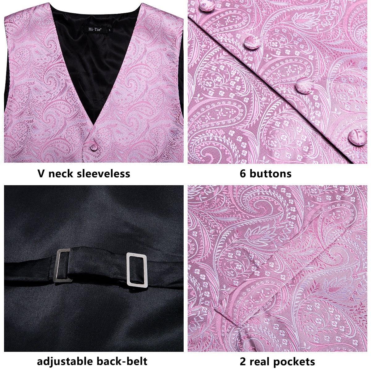 Pink Paisley Silk Men's Vest Hanky Cufflinks Tie Set Waistcoat Suit Set