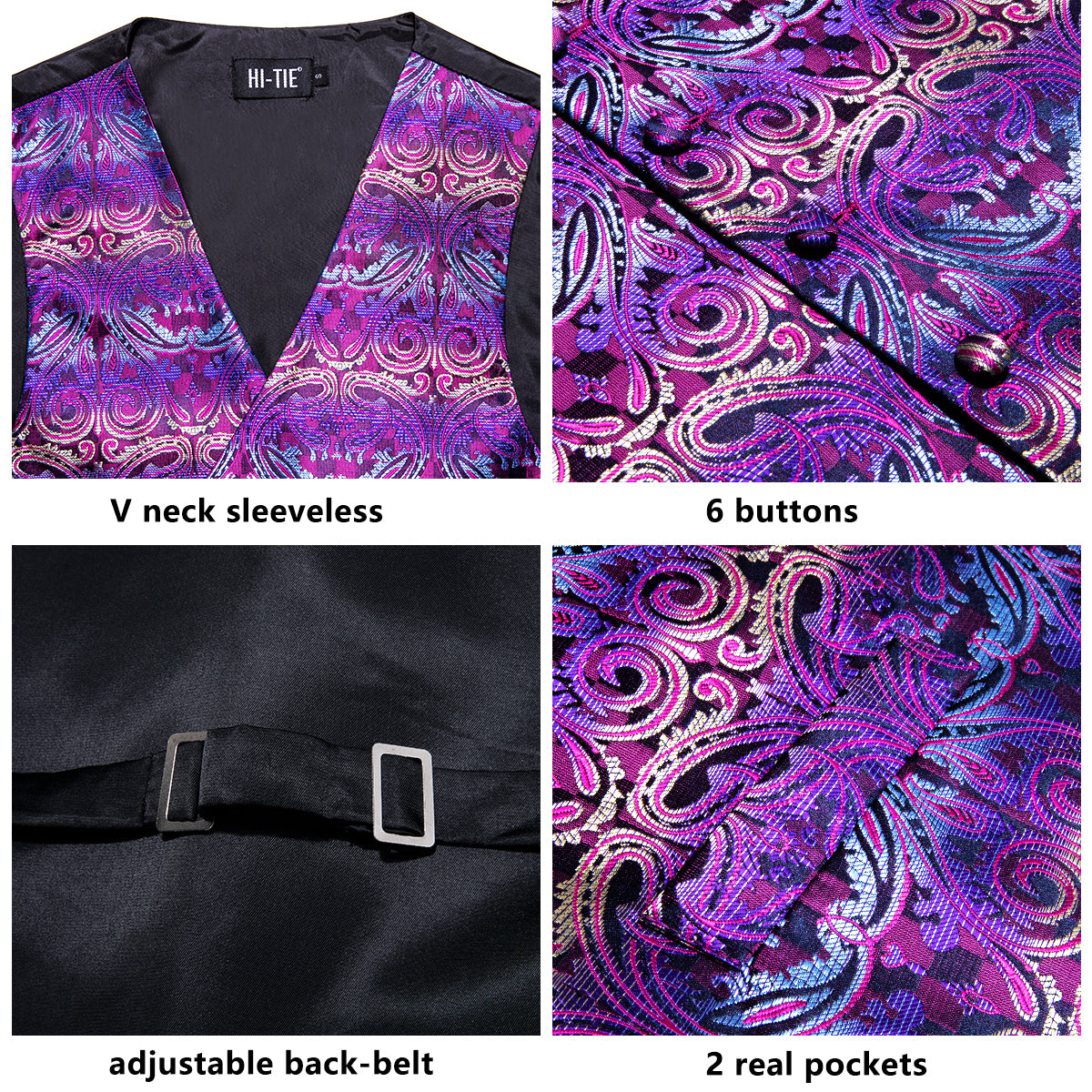 Purple Paisley Novelty Silk Men's Vest Hanky Cufflinks Tie Set Waistcoat Suit Set