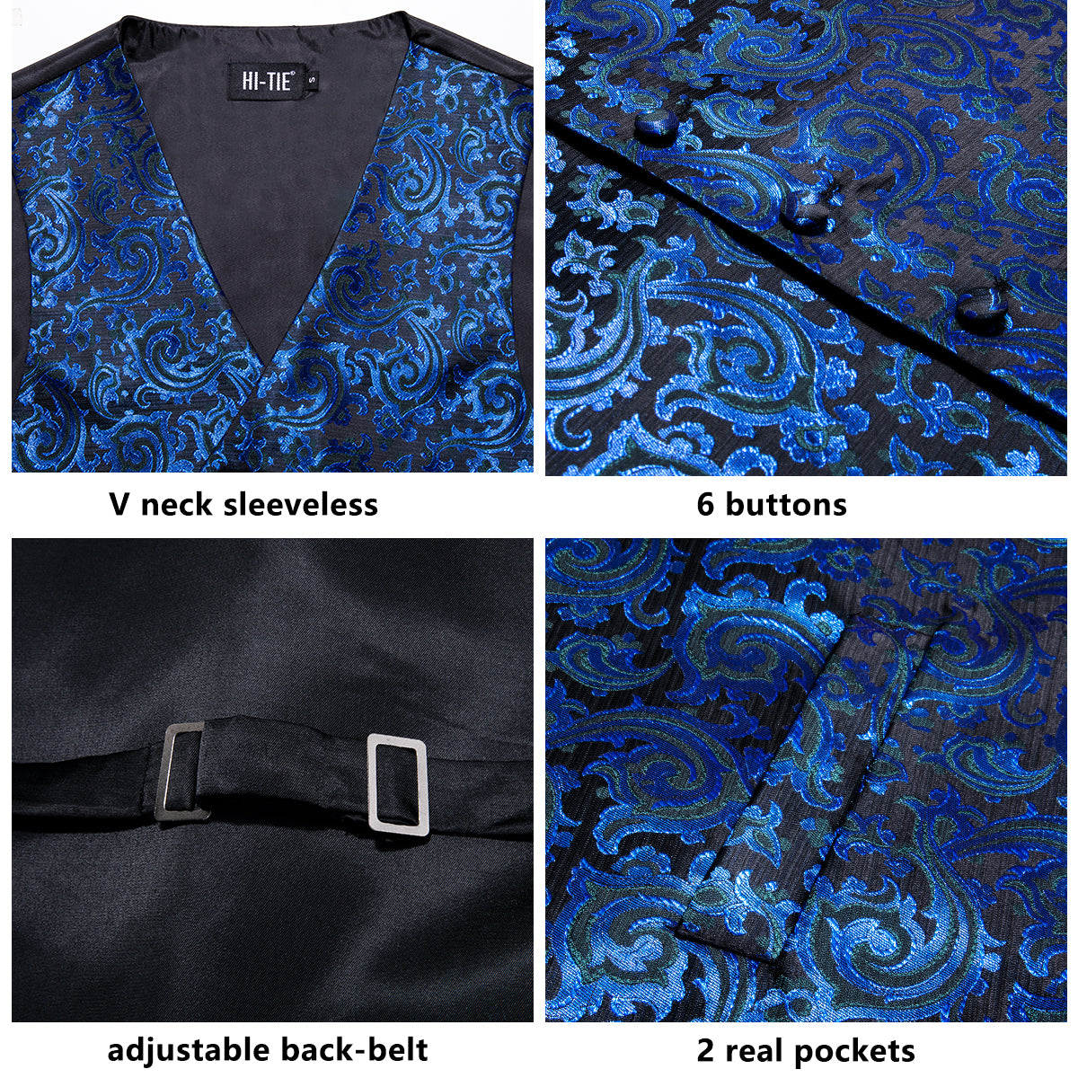 Black Blue Paisley Novelty Silk Men's Vest Hanky Cufflinks Tie Set Waistcoat Suit Set