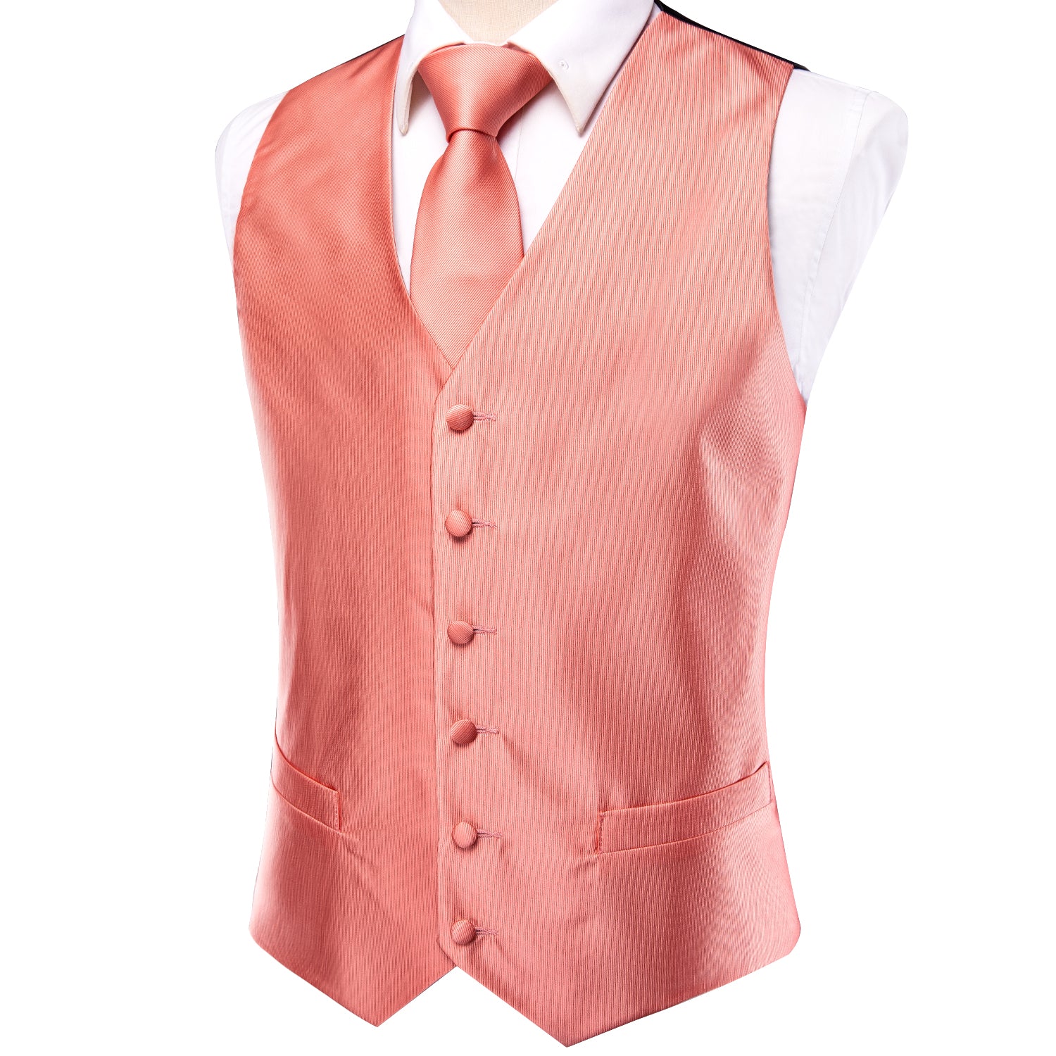 Orange-pink Solid Silk Men's Vest Hanky Cufflinks Tie Set Waistcoat Suit Set
