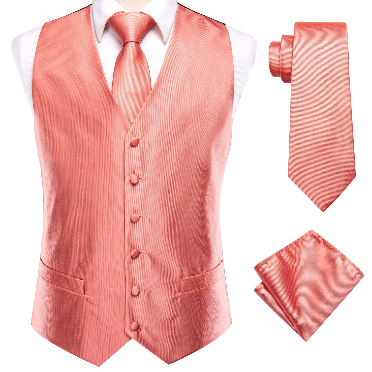 Orange-pink Solid Silk Men's Vest Hanky Cufflinks Tie Set Waistcoat Suit Set