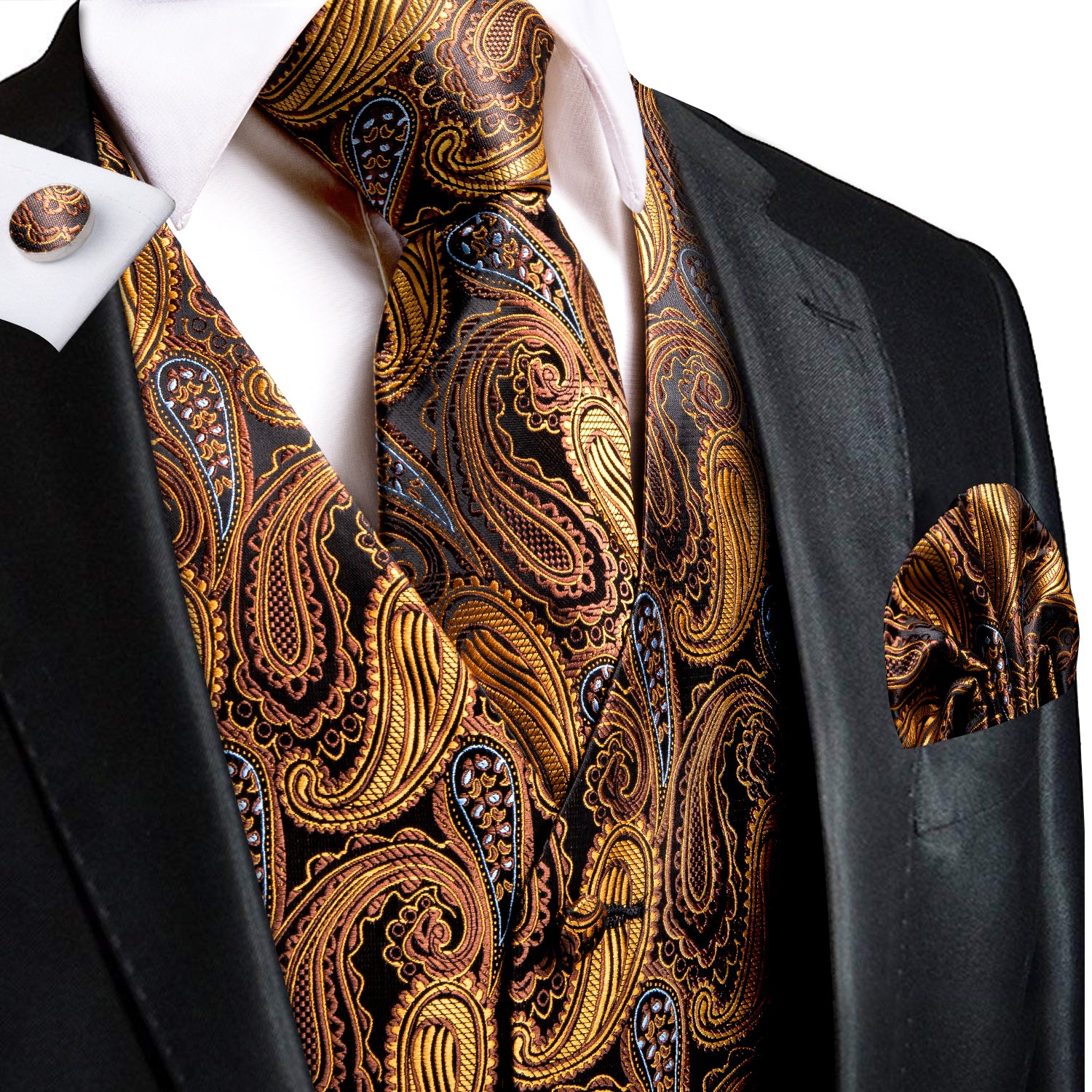 Brown Golden Paisley Silk Men's Vest Hanky Cufflinks Tie Set Waistcoat Suit Set