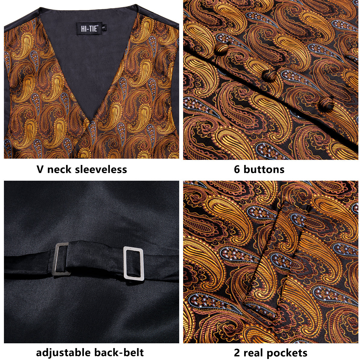 Brown Golden Paisley Silk Men's Vest Hanky Cufflinks Tie Set Waistcoat Suit Set