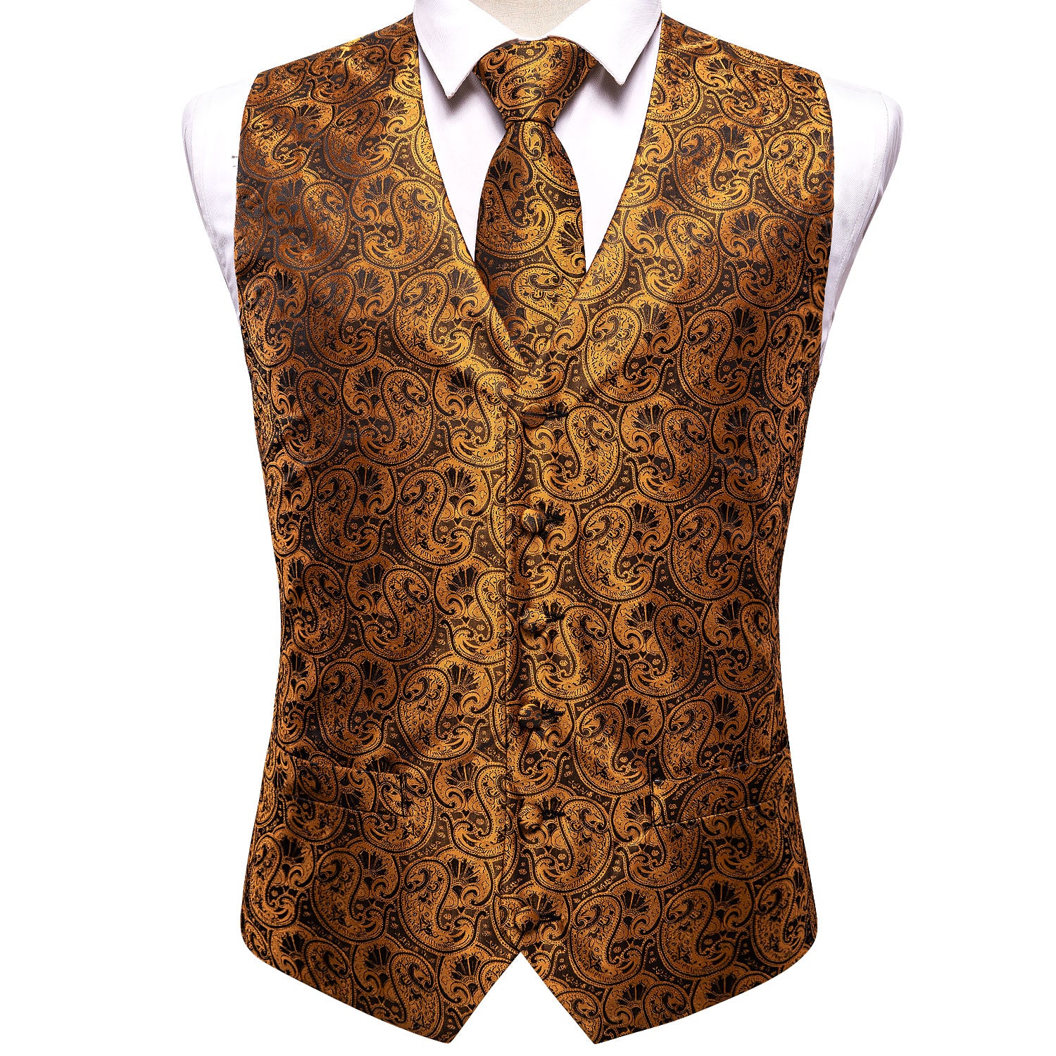Brown Paisley Silk Men's Vest Hanky Cufflinks Tie Set Waistcoat Suit Set
