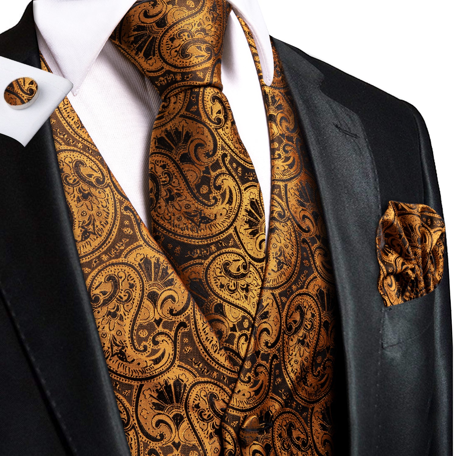 Brown Paisley Silk Men's Vest Hanky Cufflinks Tie Set Waistcoat Suit Set