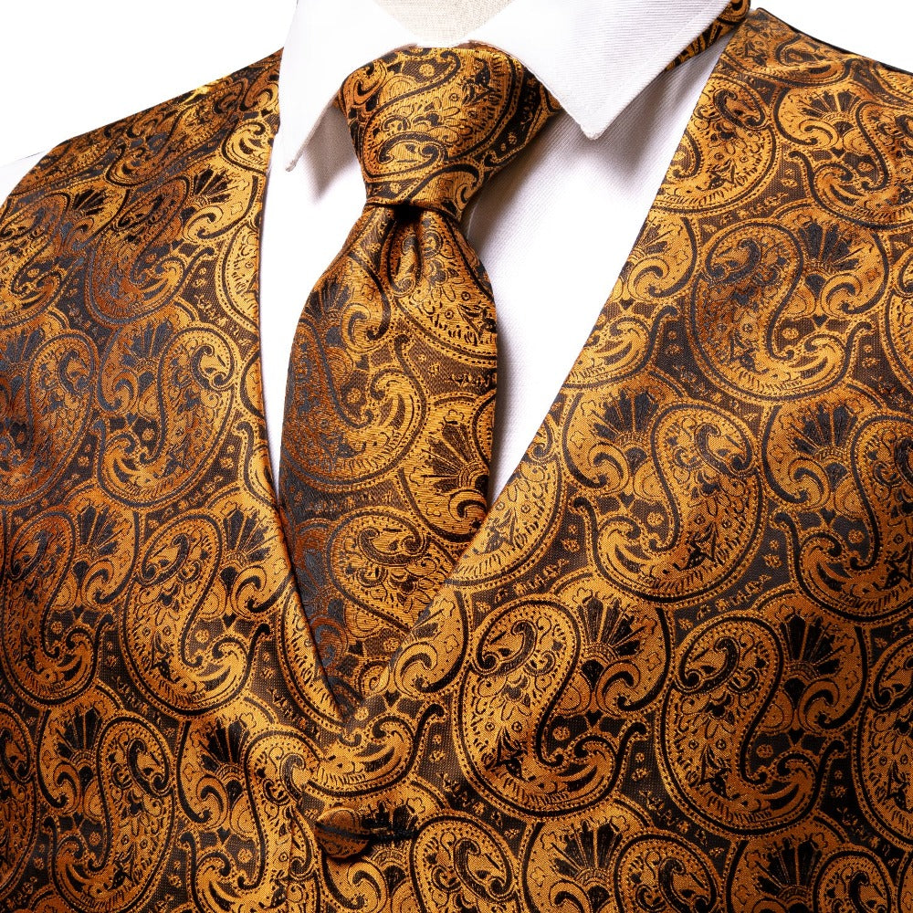 Clearance Sale Brown Paisley Silk Men's Vest Hanky Cufflinks Tie Set Waistcoat Suit Set