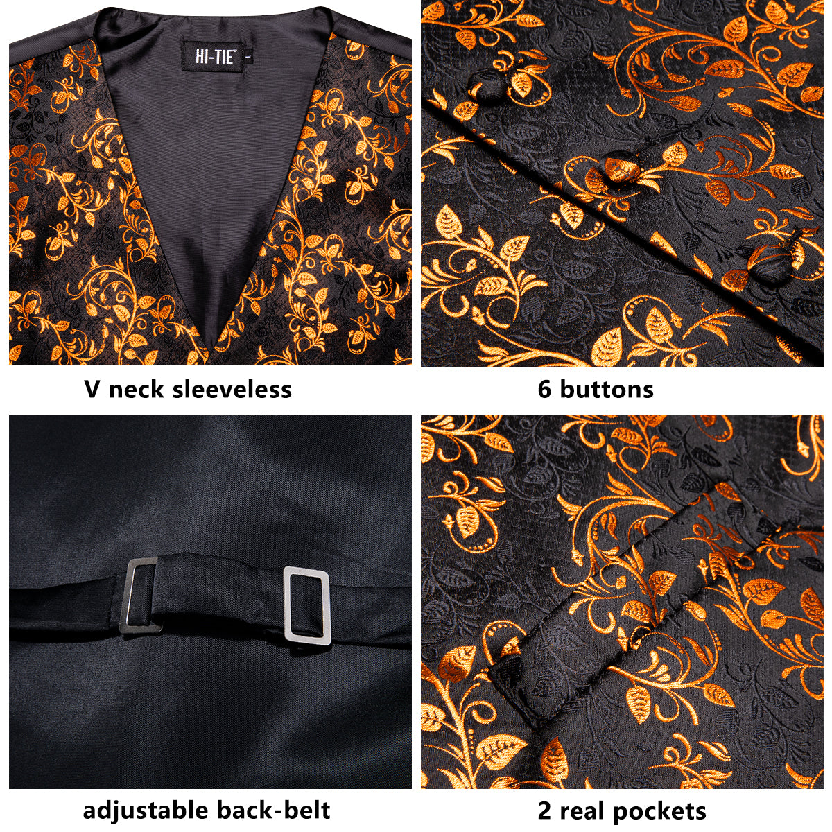 Black Golden Leaves Silk Men's Vest Hanky Cufflinks Tie Set Waistcoat Suit Set
