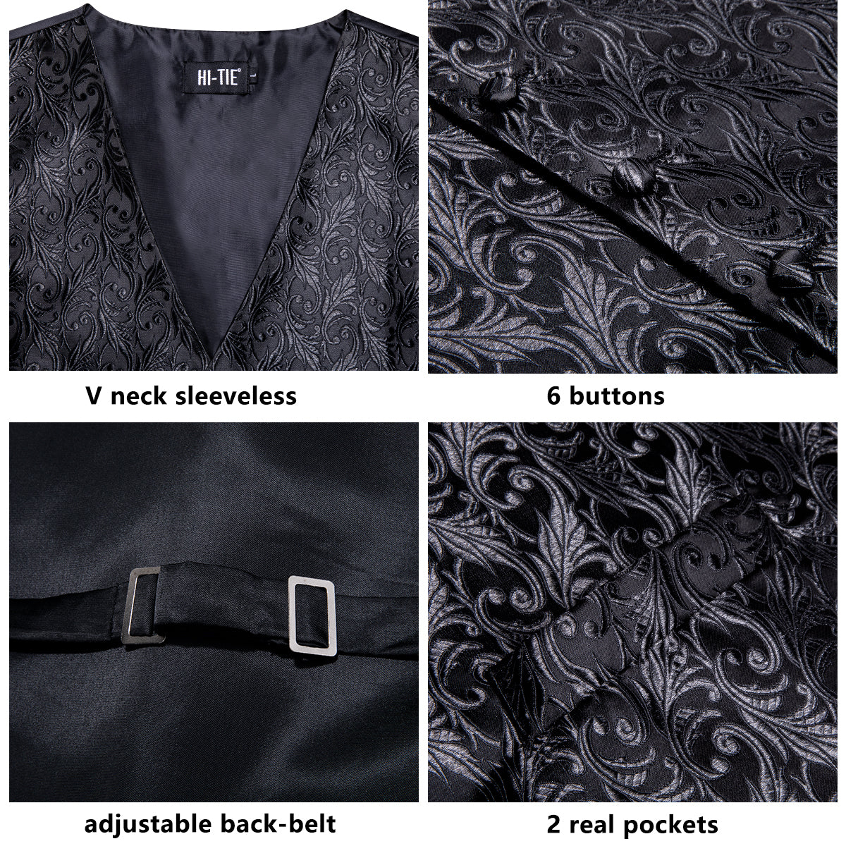 New Black Leaves Silk Men's Vest Hanky Cufflinks Tie Set Waistcoat Suit Set