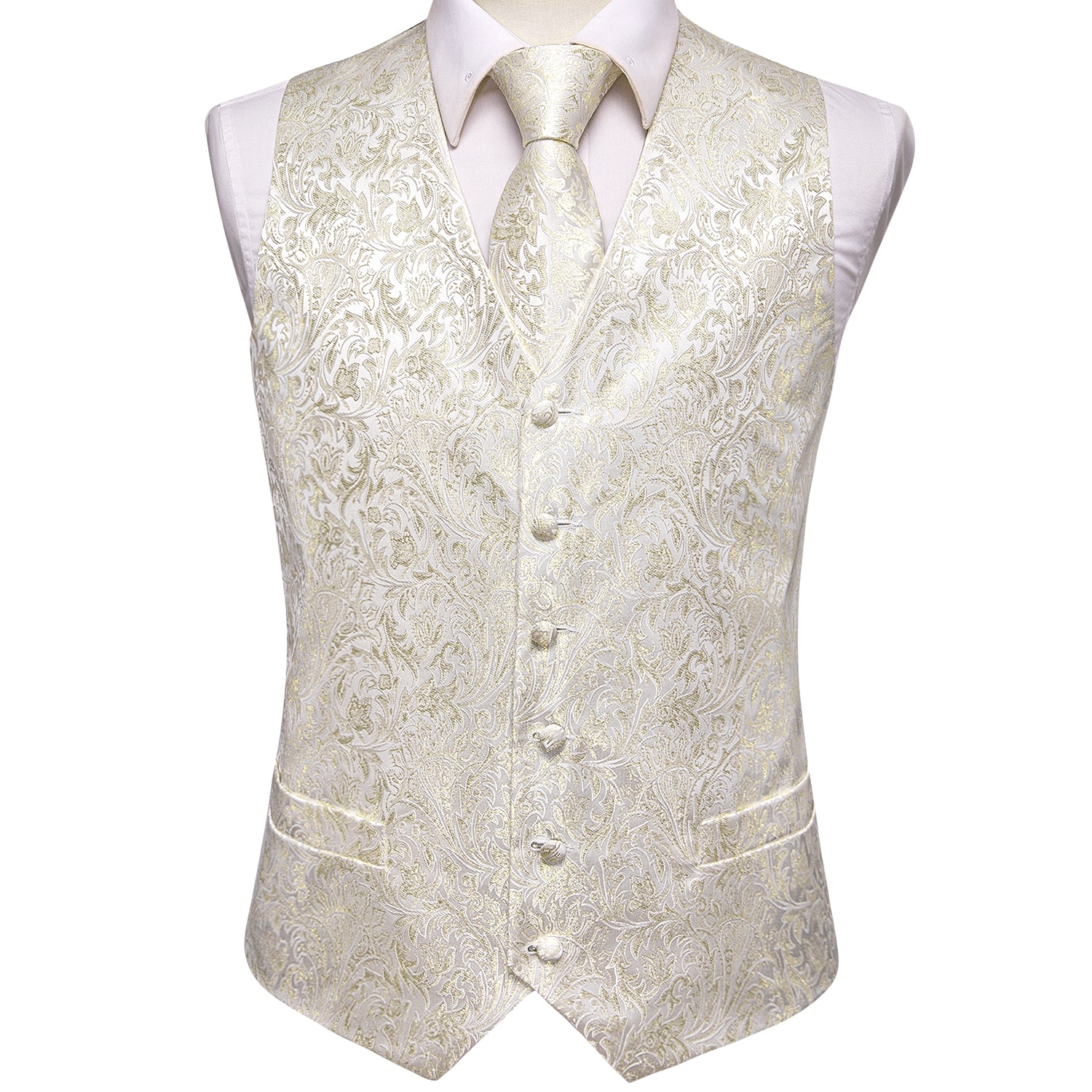 New Champagne Paisley Silk Men's Vest Hanky Cufflinks Tie Set Waistcoat Suit Set