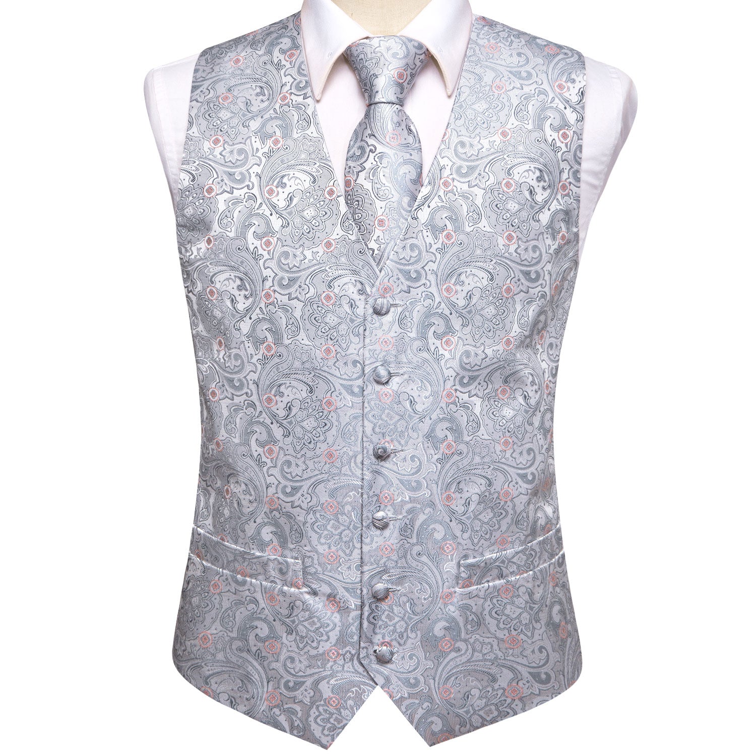 Silver Paisley with Pink Flower Silk Men's Vest Hanky Cufflinks Tie Set Waistcoat Suit Set