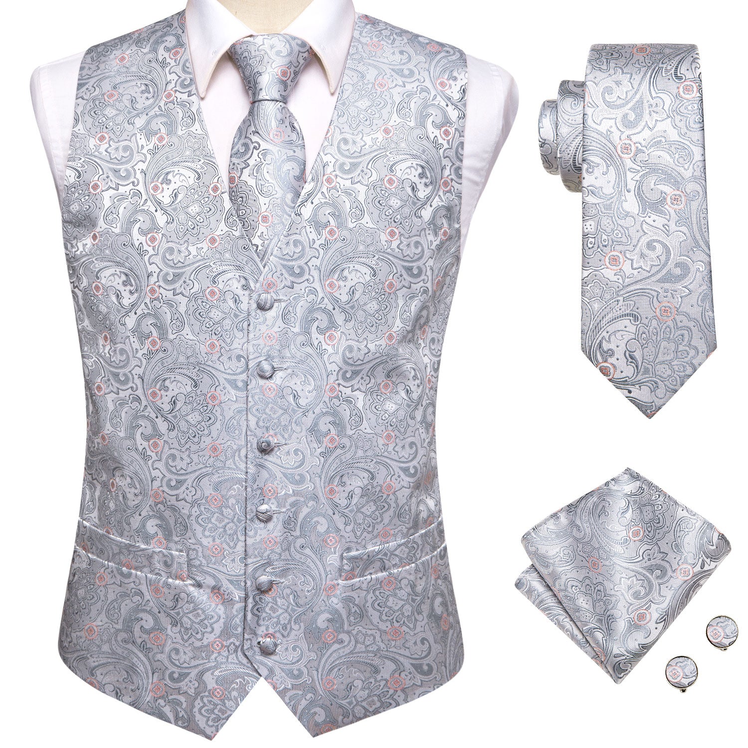 Silver Paisley with Pink Flower Silk Men's Vest Hanky Cufflinks Tie Set Waistcoat Suit Set