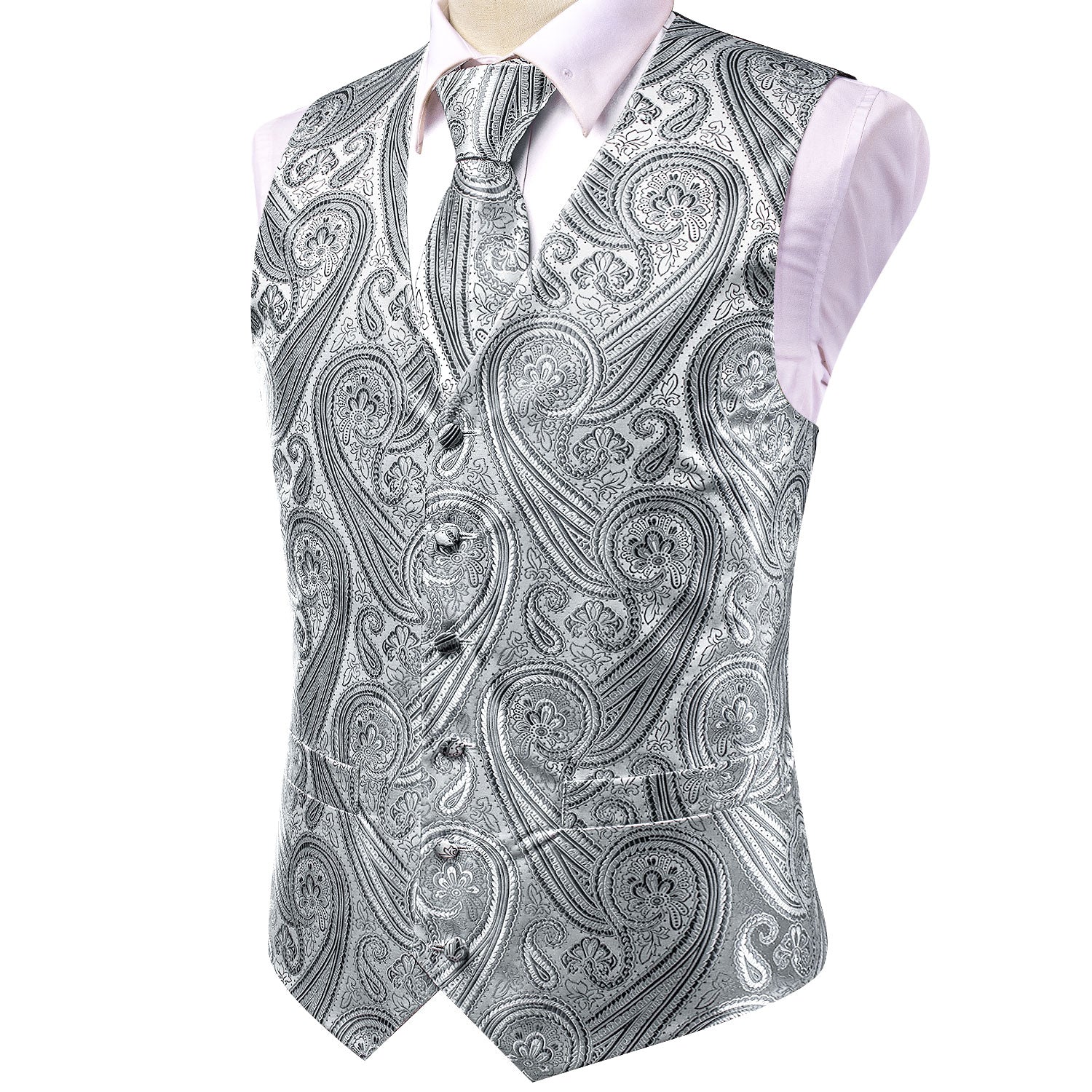 New Grey Silver Paisley Silk Men's Vest Hanky Cufflinks Tie Set Waistcoat Suit Set