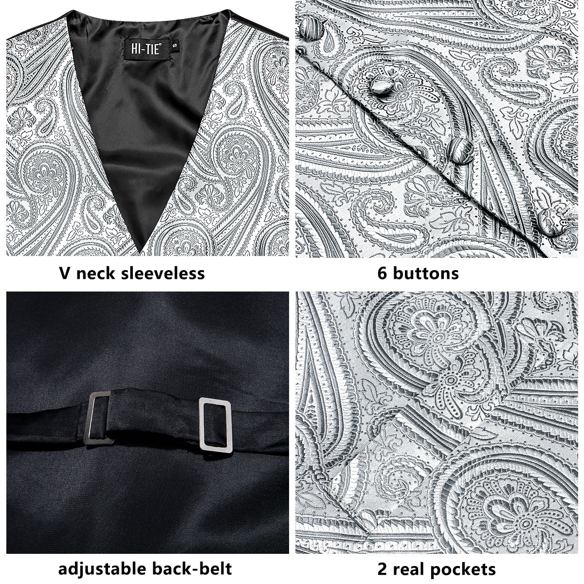 New Grey Silver Paisley Silk Men's Vest Hanky Cufflinks Tie Set Waistcoat Suit Set