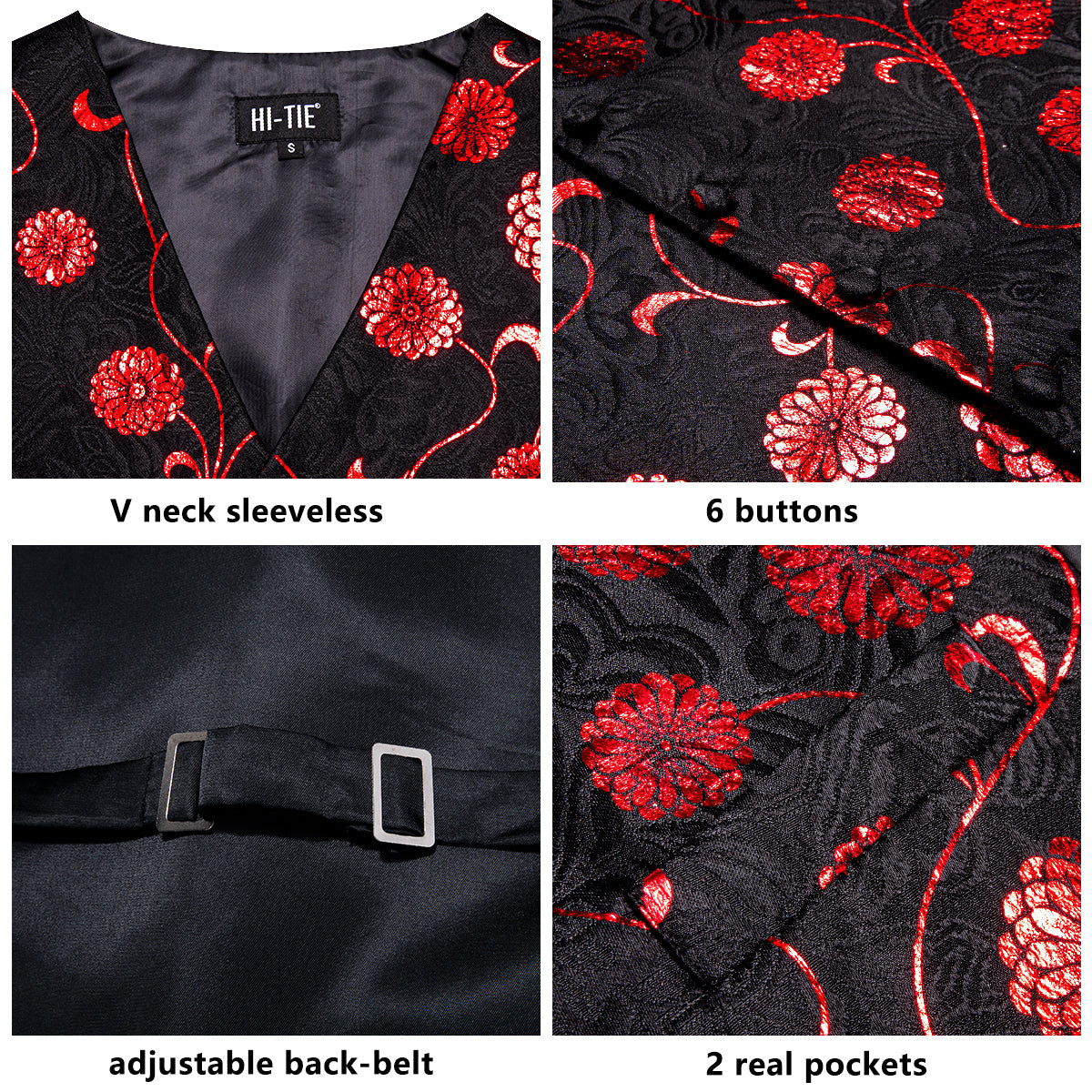 Black Red Floral Silk Men's Vest Hanky Cufflinks Tie Set Waistcoat Suit Set