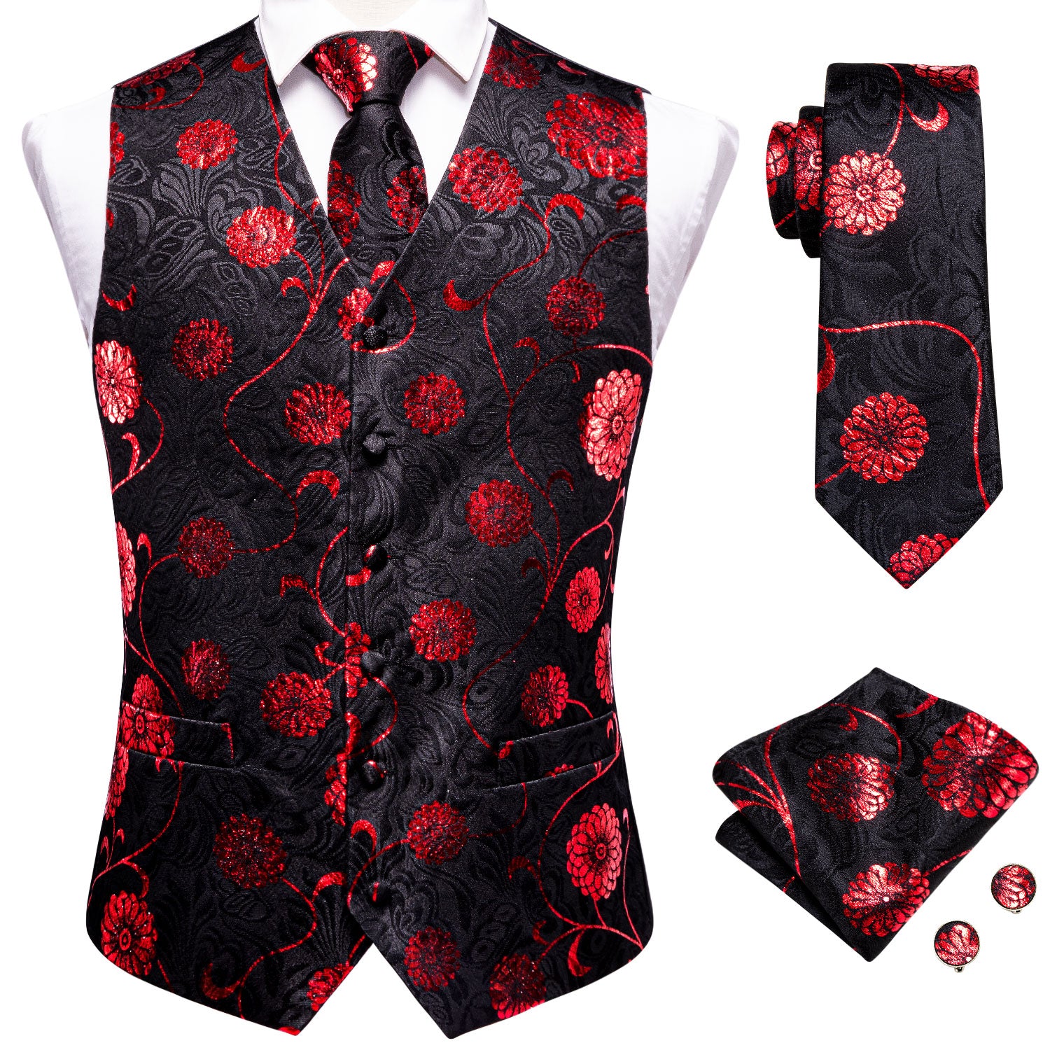 New Arrived Black Red Floral Silk Men's Vest Hanky Cufflinks Tie Set Waistcoat Suit Set