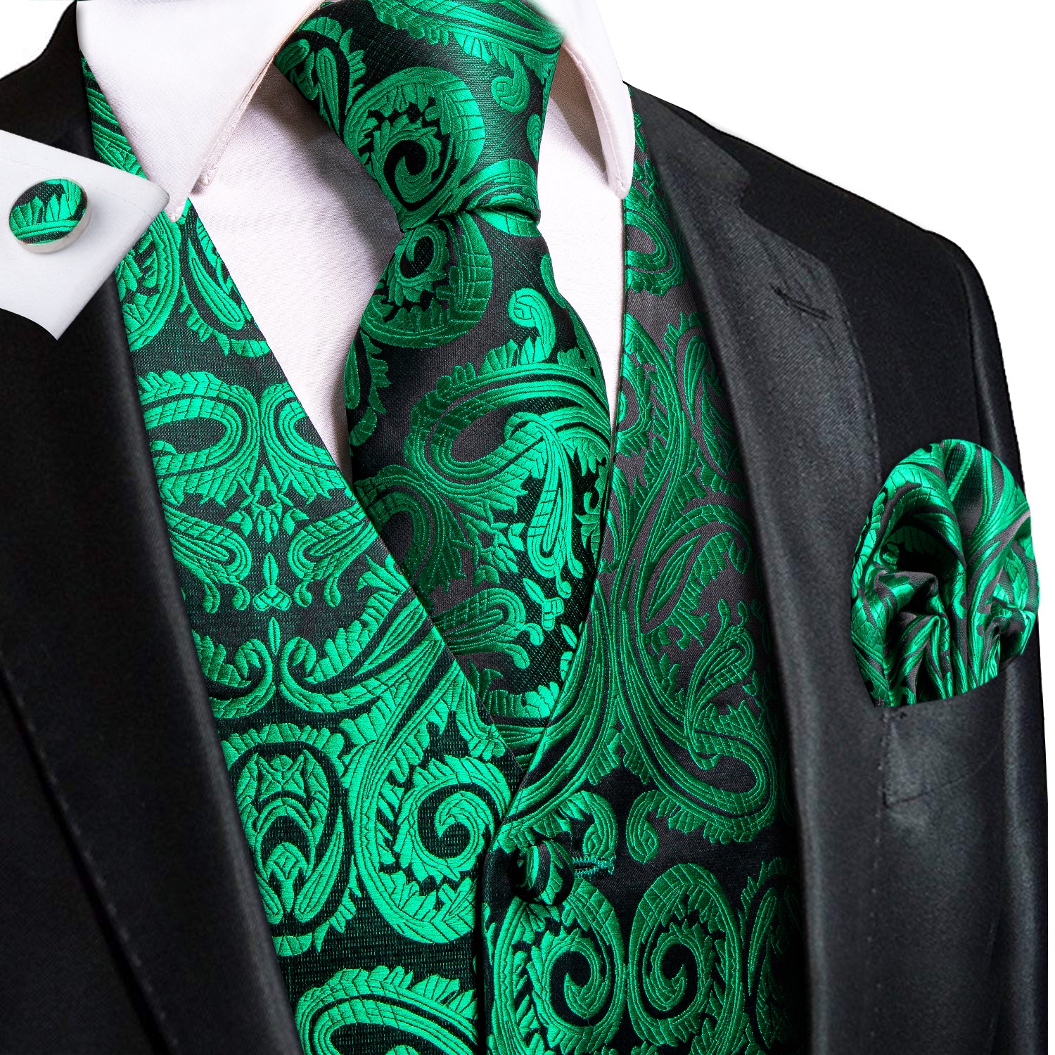 New Green Paisley Silk Men's Vest Hanky Cufflinks Tie Set Waistcoat Suit Set