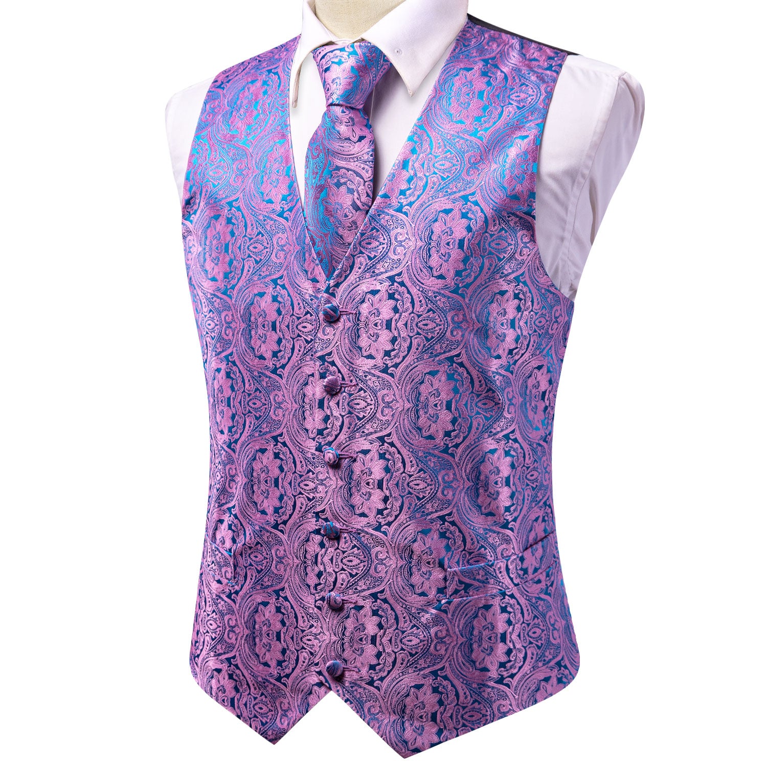 Shiny Pink Blue Paisley Silk Men's Vest Hanky Cufflinks Tie Set Waistcoat Suit Set