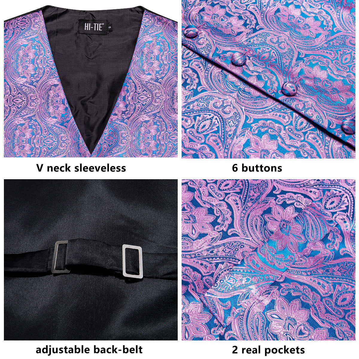 Shiny Pink Blue Paisley Silk Men's Vest Hanky Cufflinks Tie Set Waistcoat Suit Set
