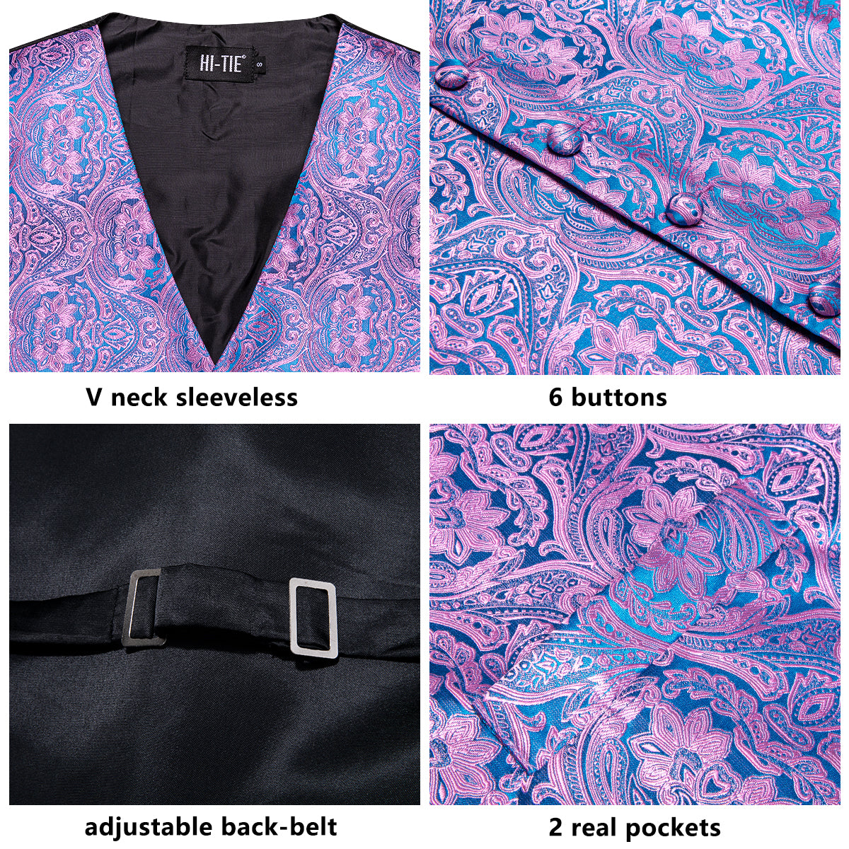 Brand Q Pink Paisley Tuxedo Vest Set – Includes Necktie, Bowtie & Hanky – Men's Sizes XS-6XL