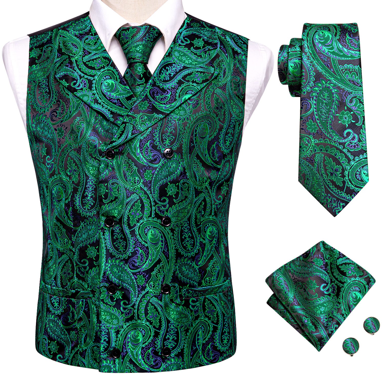 New Green Purple Black Paisley Silk Men's Vest Hanky Cufflinks Tie Set Waistcoat Suit Set