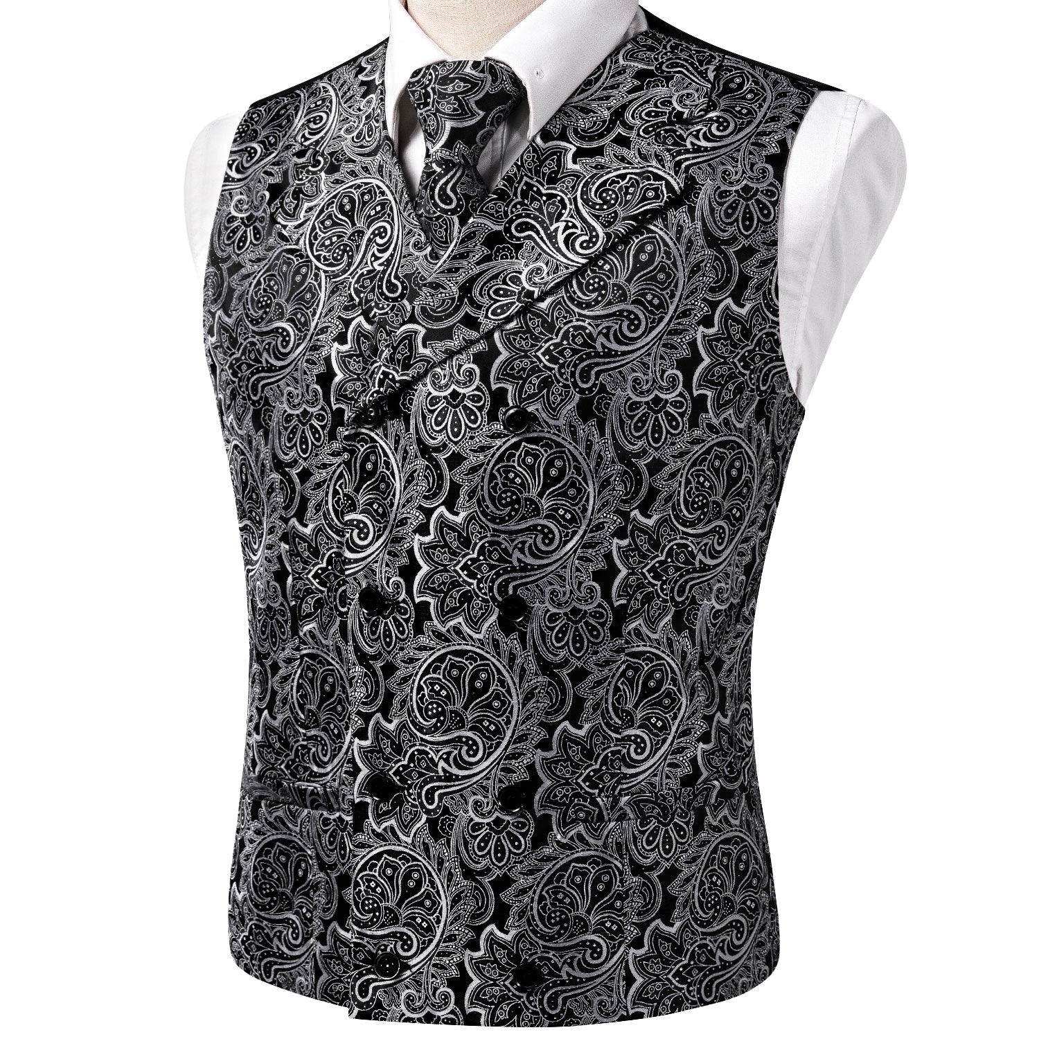 Black White Paisley Silk Men's Vest Hanky Cufflinks Tie Set Waistcoat Suit Set