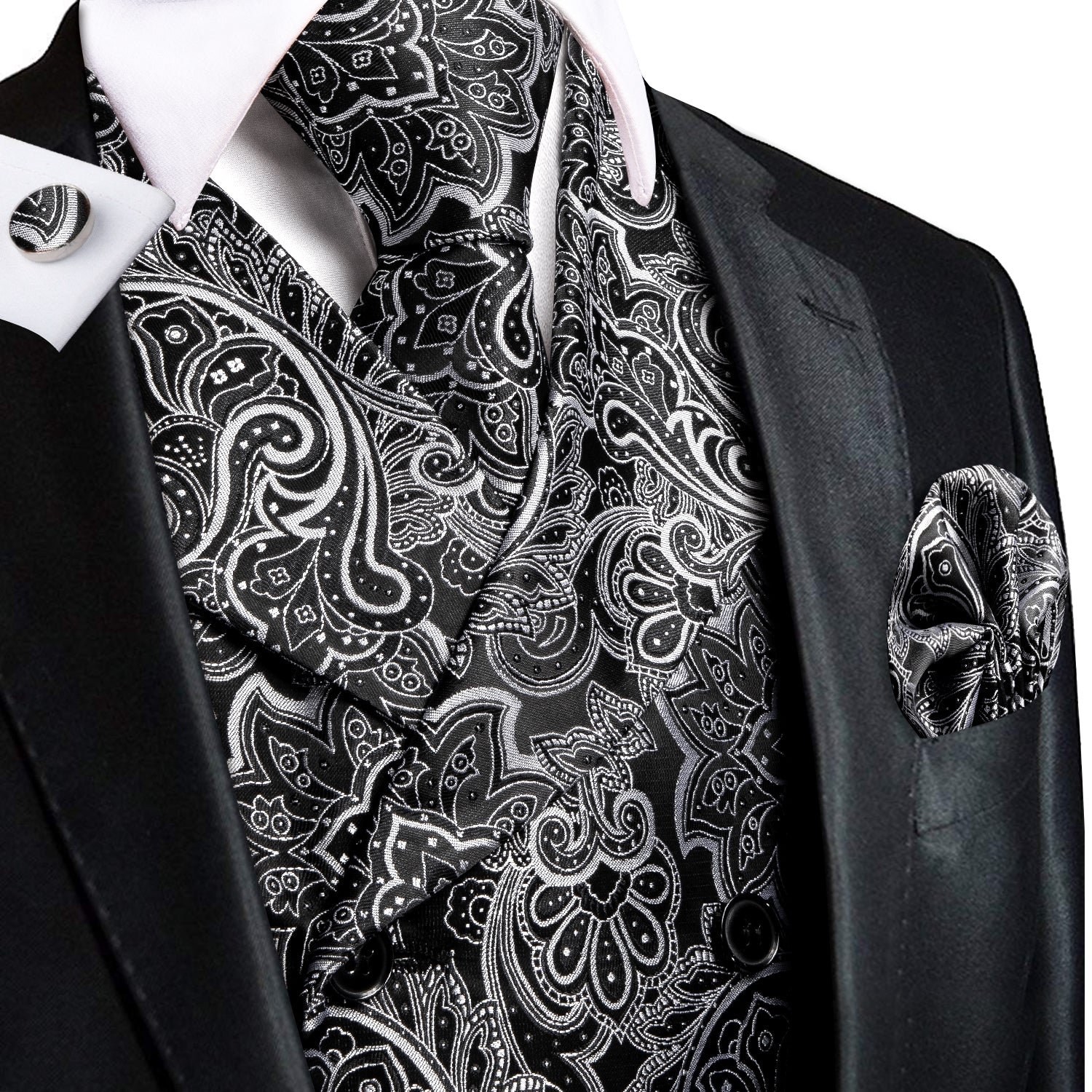 New Black White Paisley Silk Men's Vest Hanky Cufflinks Tie Set Waistcoat Suit Set