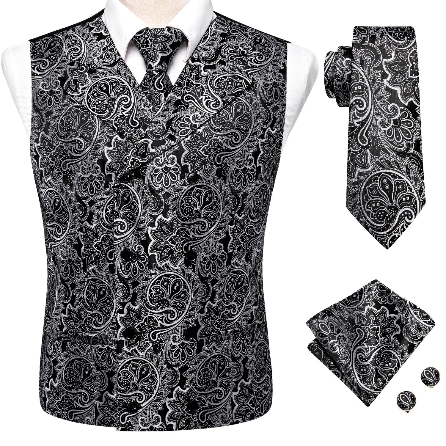 New Black White Paisley Silk Men's Vest Hanky Cufflinks Tie Set Waistcoat Suit Set