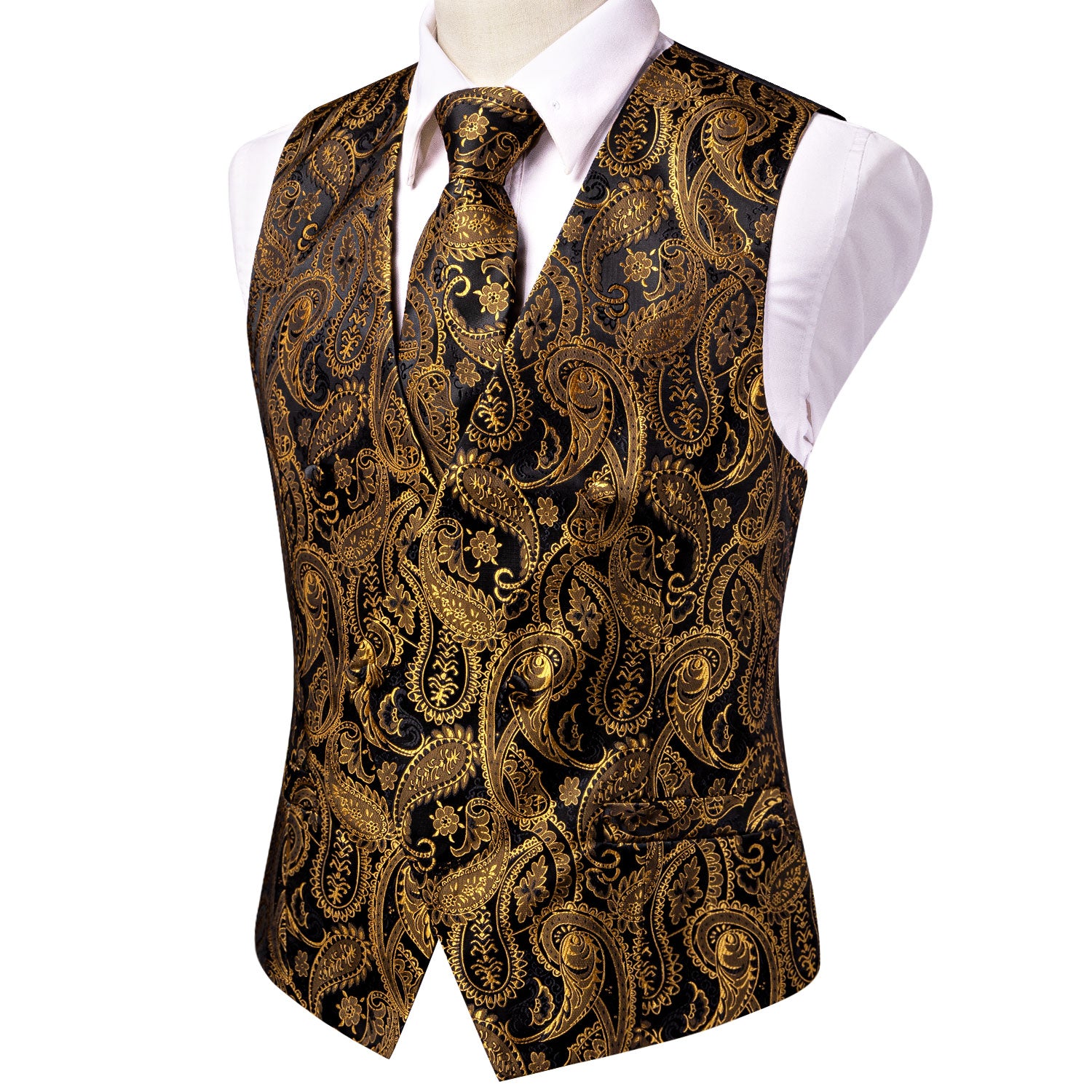 New Black Golden Paisley Silk One Button V Neck Men's Vest Hanky Cufflinks Tie Set