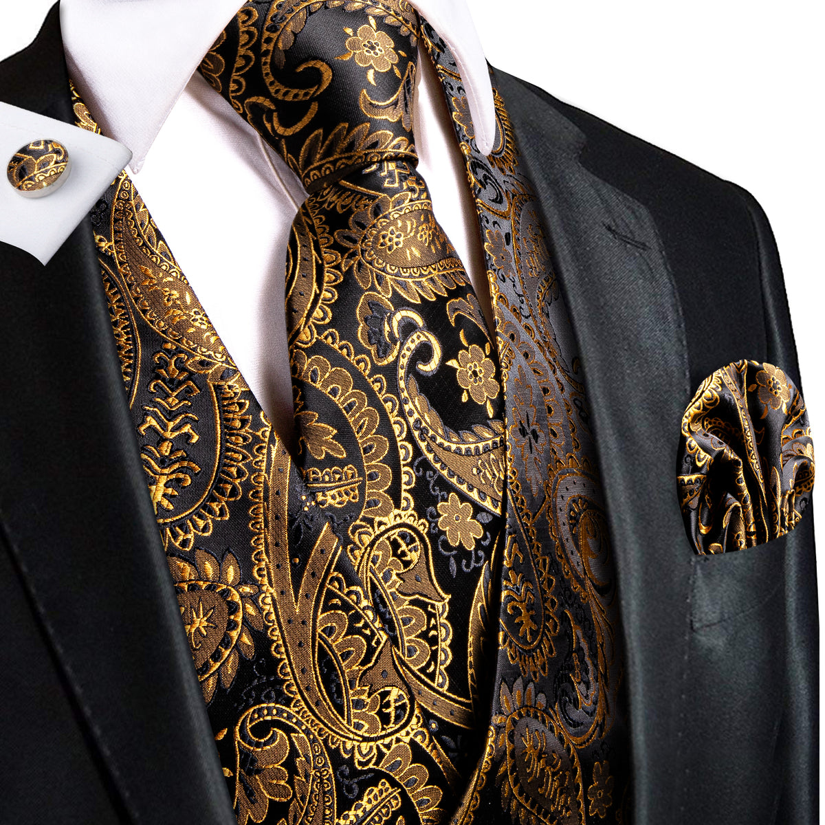 Set Cravatta E Fazzoletto Da Taschino Hi-Tie - Seta Paisley Con Gemelli - 3 Pezzi