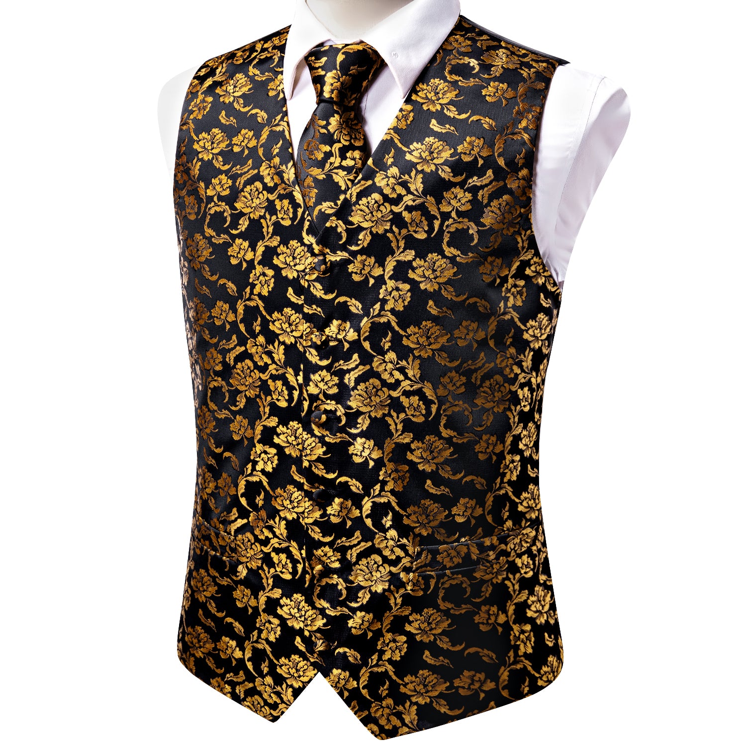 Black Golden Floral Silk Men's Vest Hanky Cufflinks Tie Set Waistcoat Suit Set