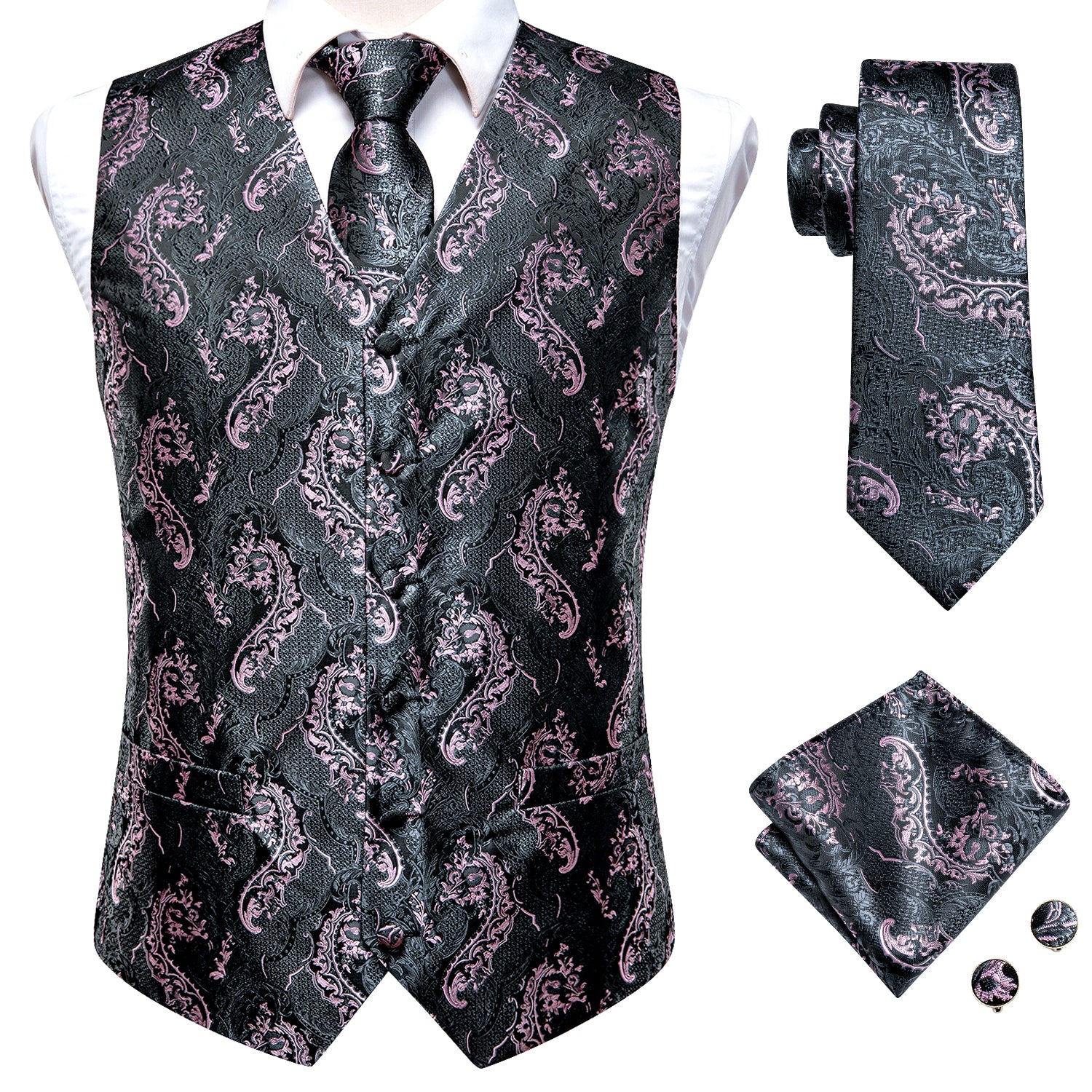 Grey Pink Paisley Silk Men's Vest Hanky Cufflinks Tie Set Waistcoat Suit Set