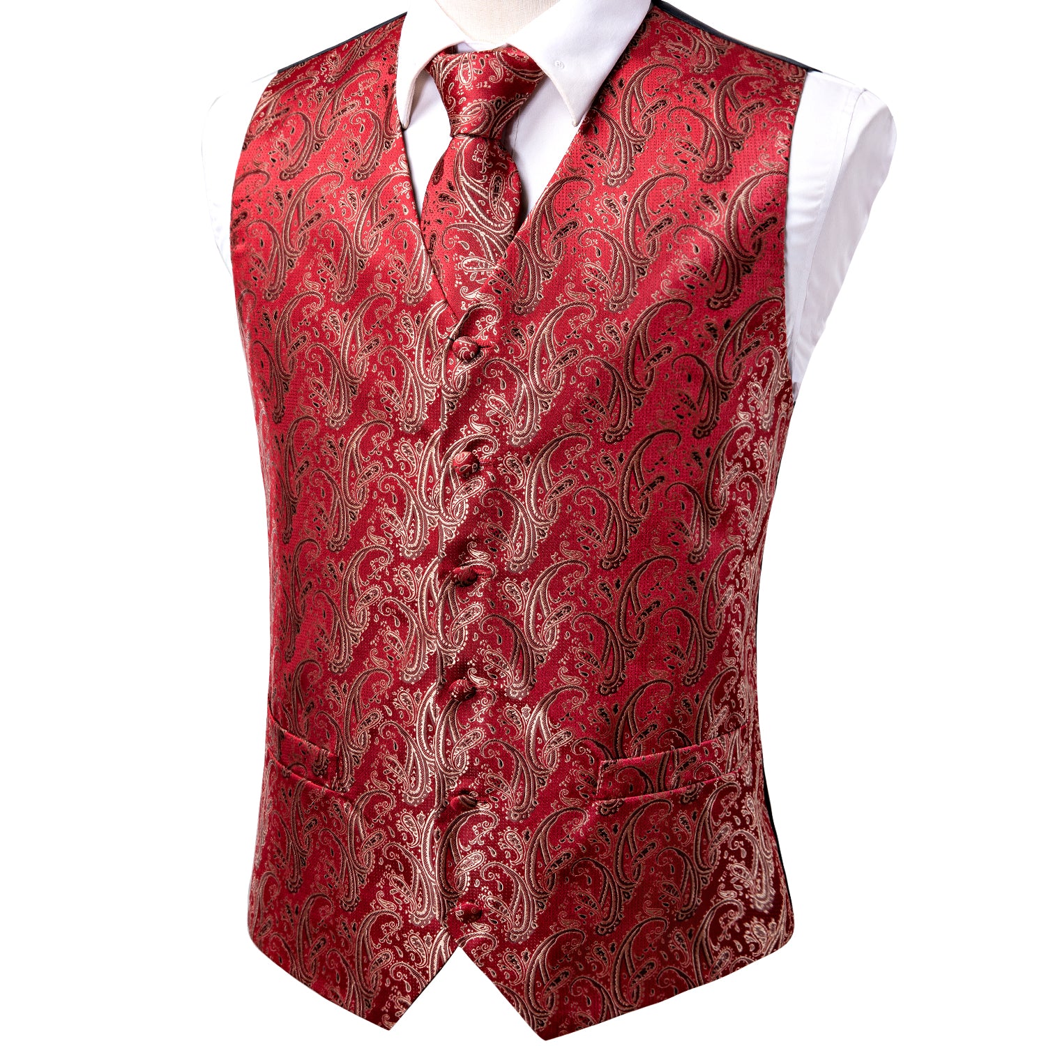 Light Red Paisley Silk Men's Vest Hanky Cufflinks Tie Set Waistcoat Suit Set
