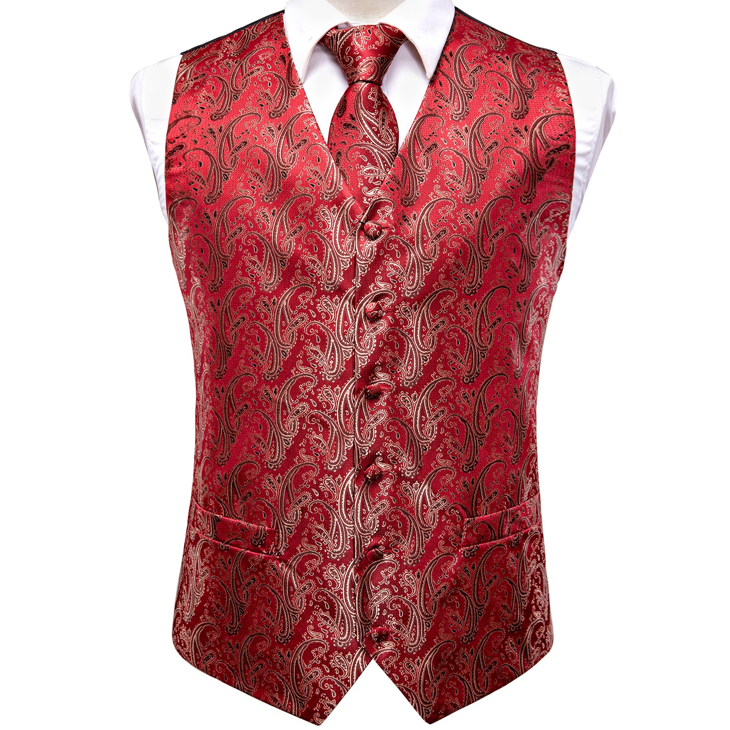 Light Red Paisley Silk Men's Vest Hanky Cufflinks Tie Set Waistcoat Suit Set