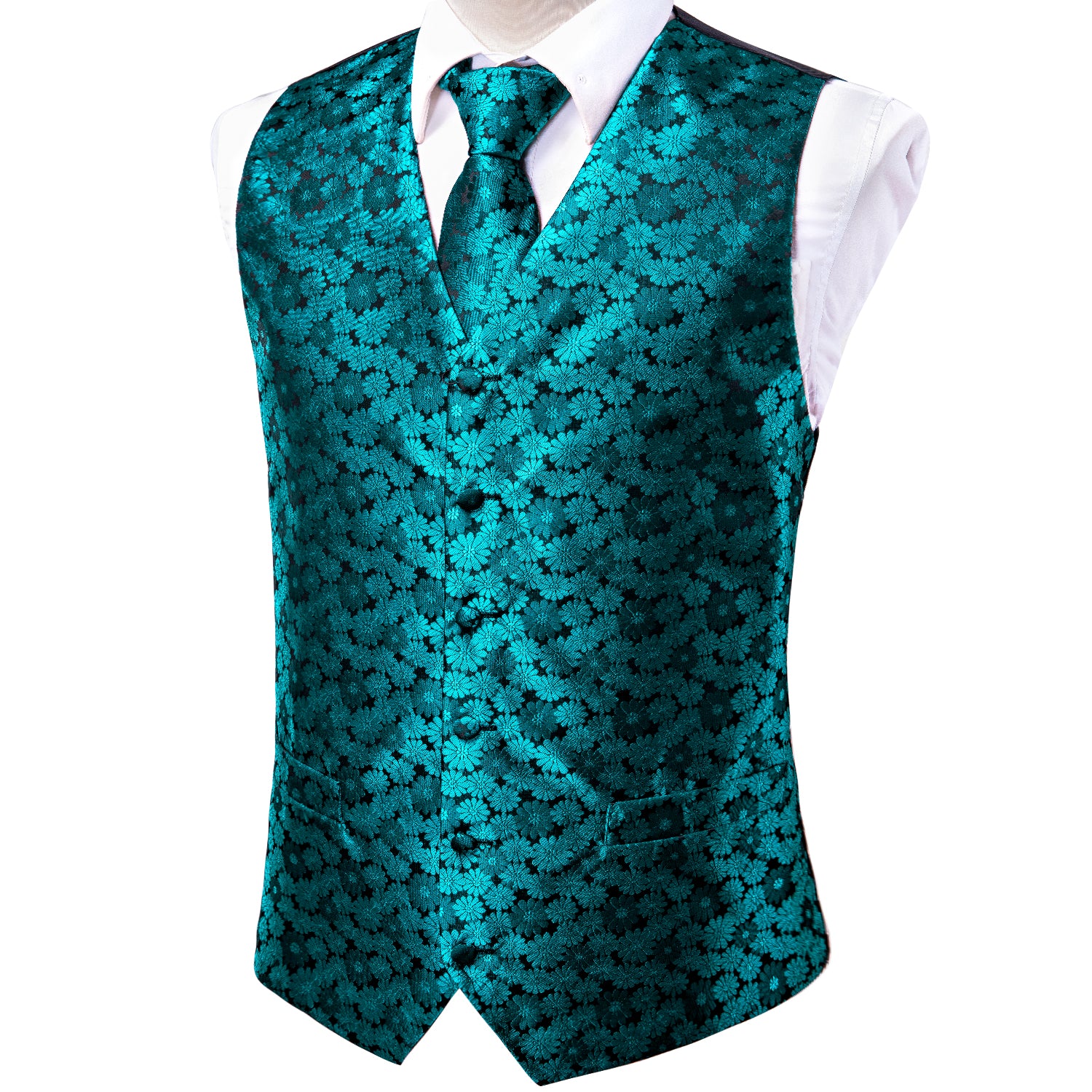 Blue Green Floral Silk Men's Vest Hanky Cufflinks Tie Set Waistcoat Suit Set