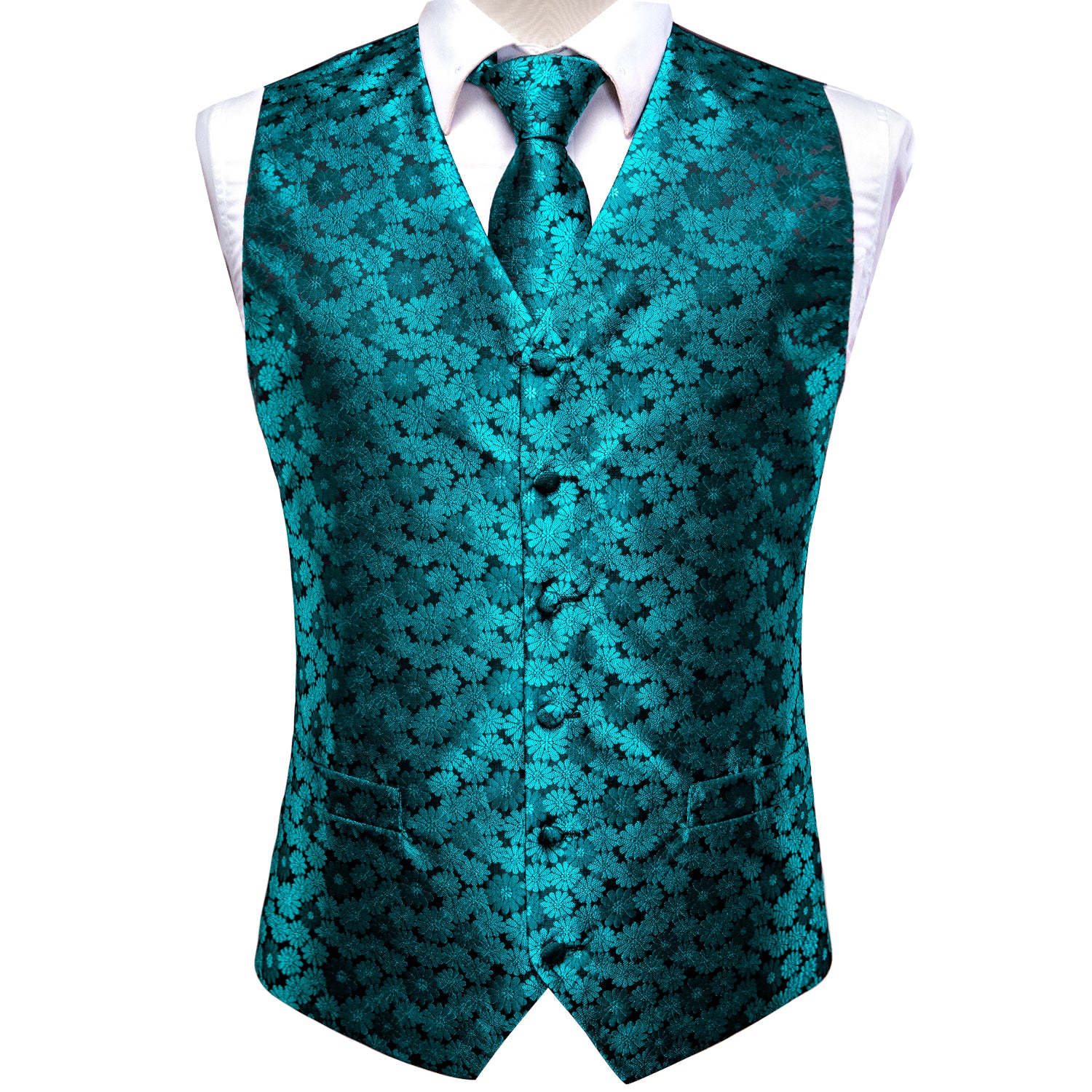 Blue Green Floral Silk Men's Vest Hanky Cufflinks Tie Set Waistcoat Suit Set