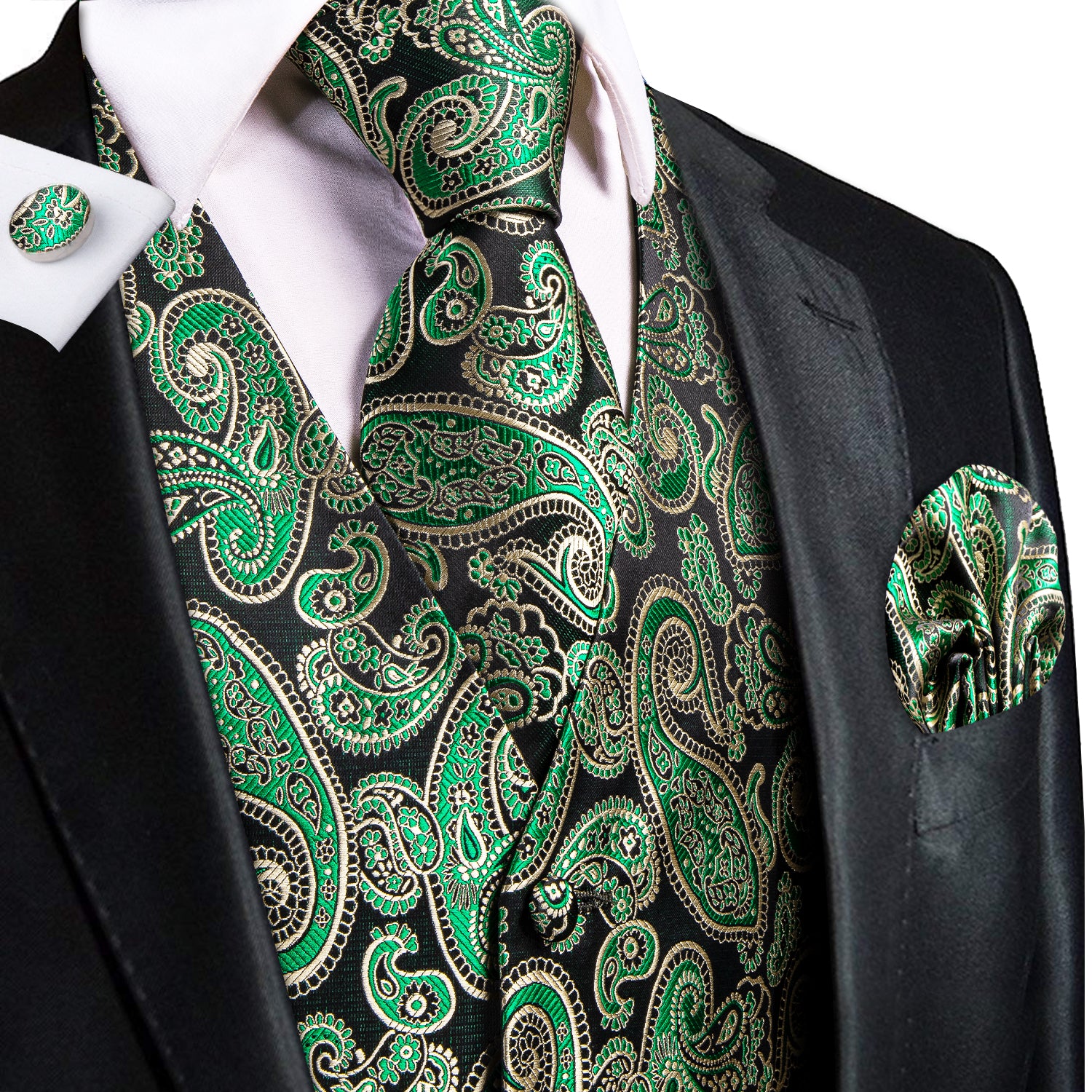 Classic Emerald Green Paisley Silk Men's Vest Hanky Cufflinks Tie Set Waistcoat Suit Set