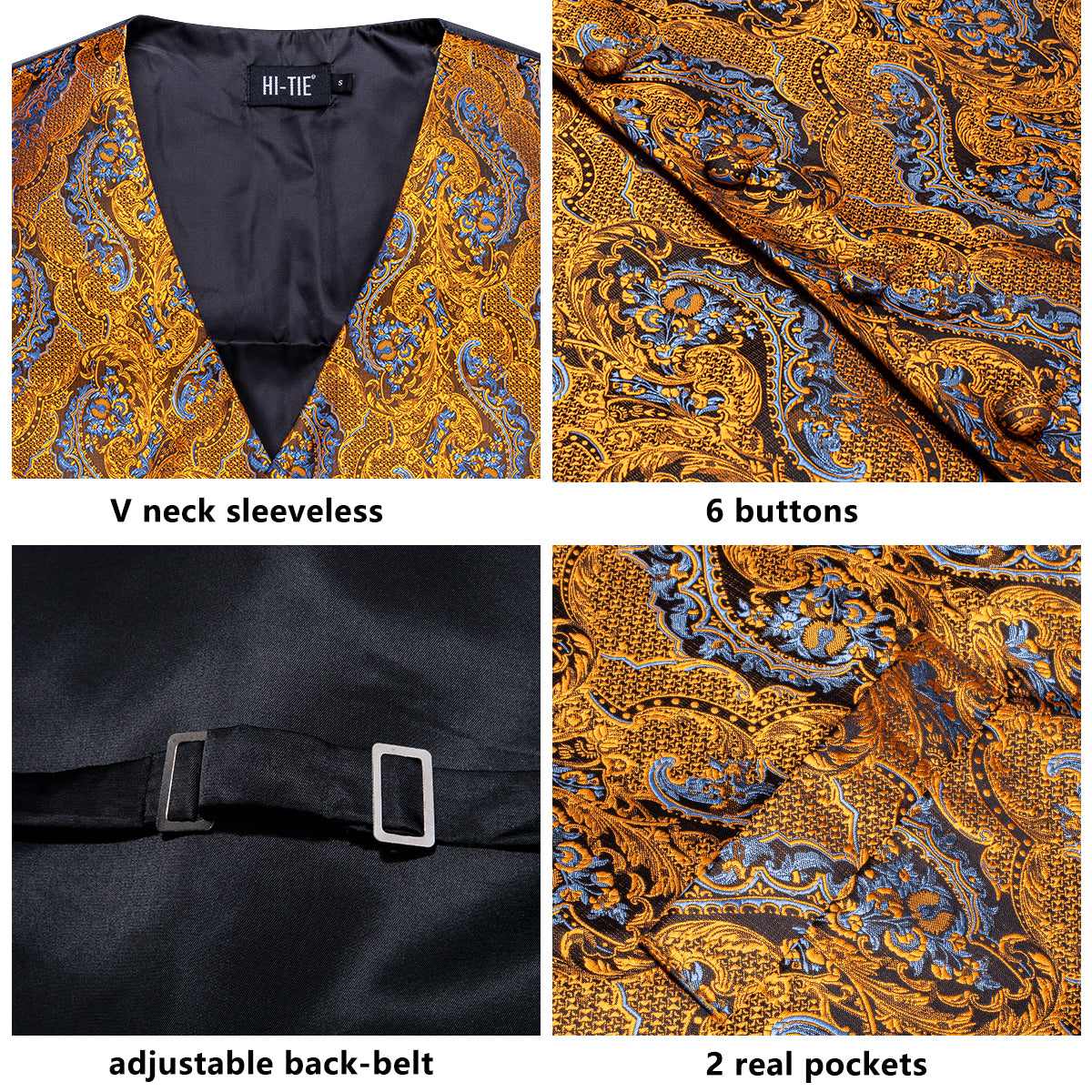 Golden Brown Paisley Silk Men's Vest Hanky Cufflinks Tie Set Waistcoat Suit Set