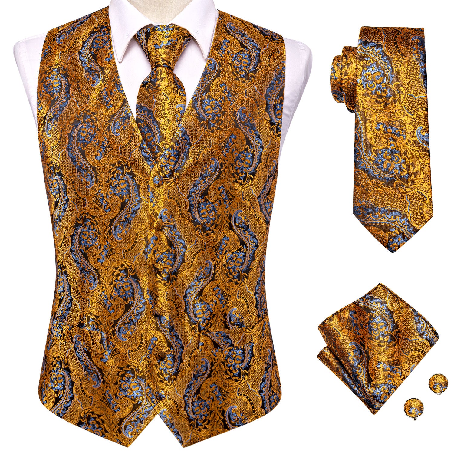 Golden Brown Paisley Silk Men's Vest Hanky Cufflinks Tie Set Waistcoat Suit Set