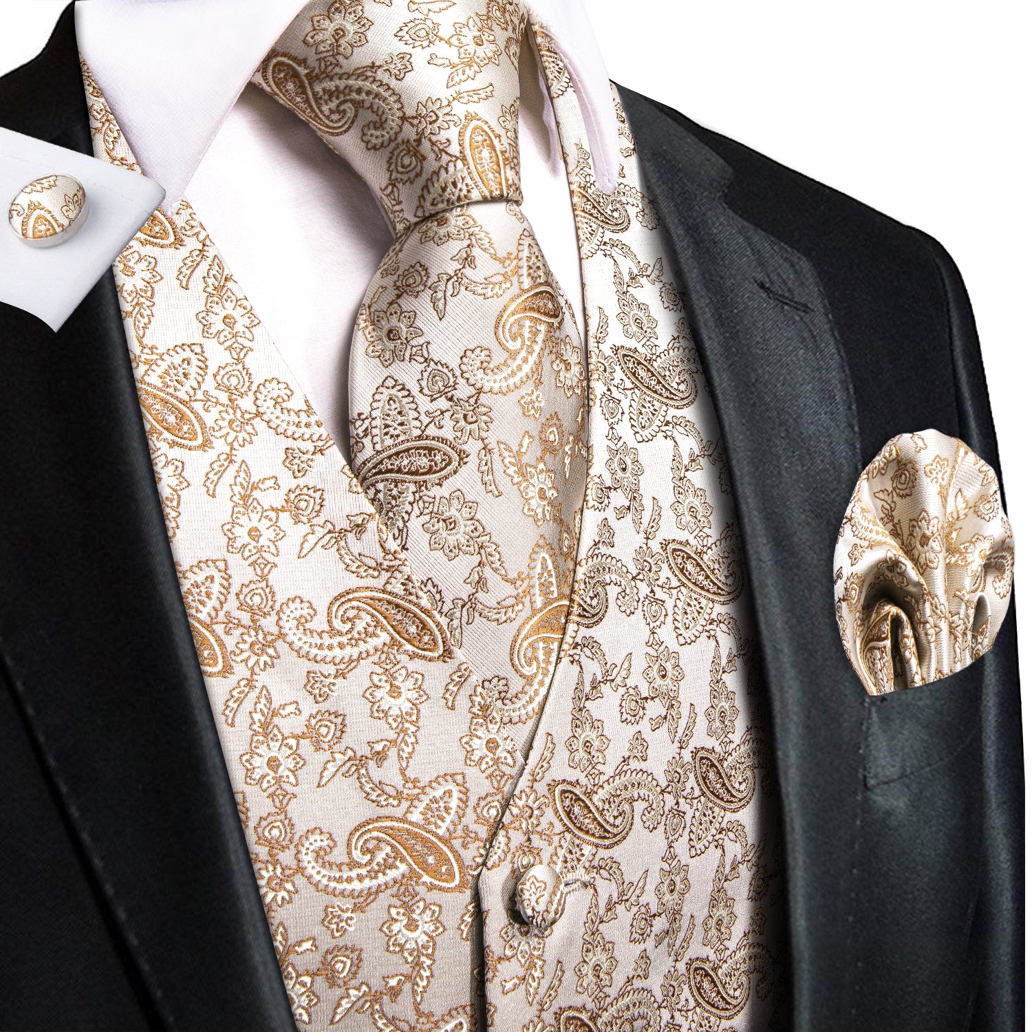 Champagne Desert Paisley Silk Men's Vest Hanky Cufflinks Tie Set Waistcoat Suit Set