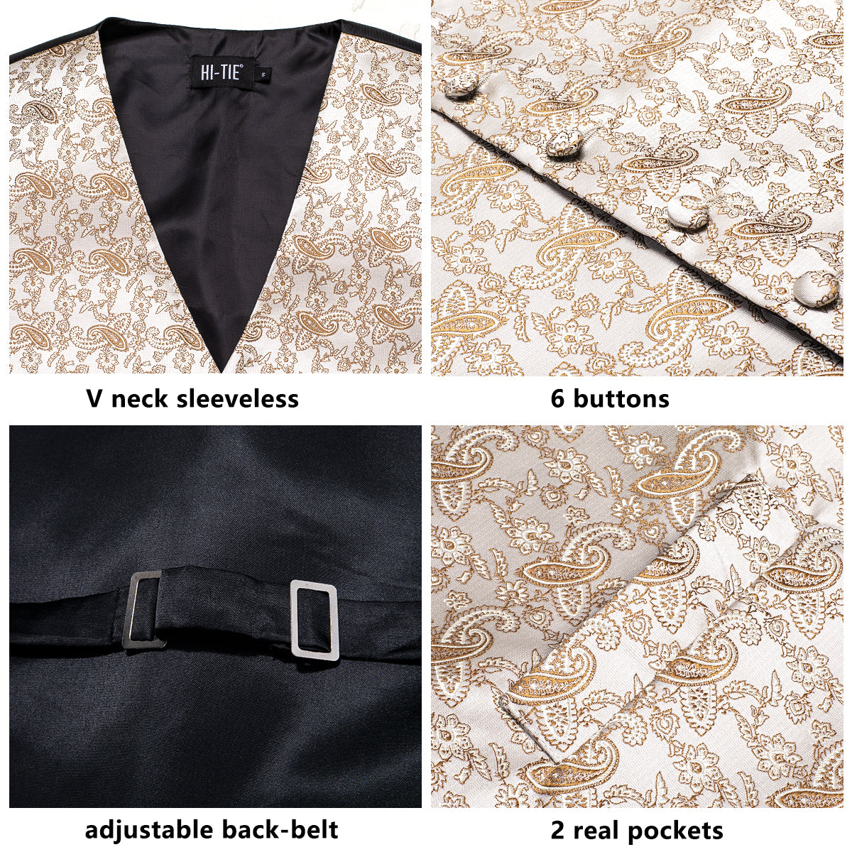 Champagne Desert Paisley Silk Men's Vest Hanky Cufflinks Tie Set Waistcoat Suit Set