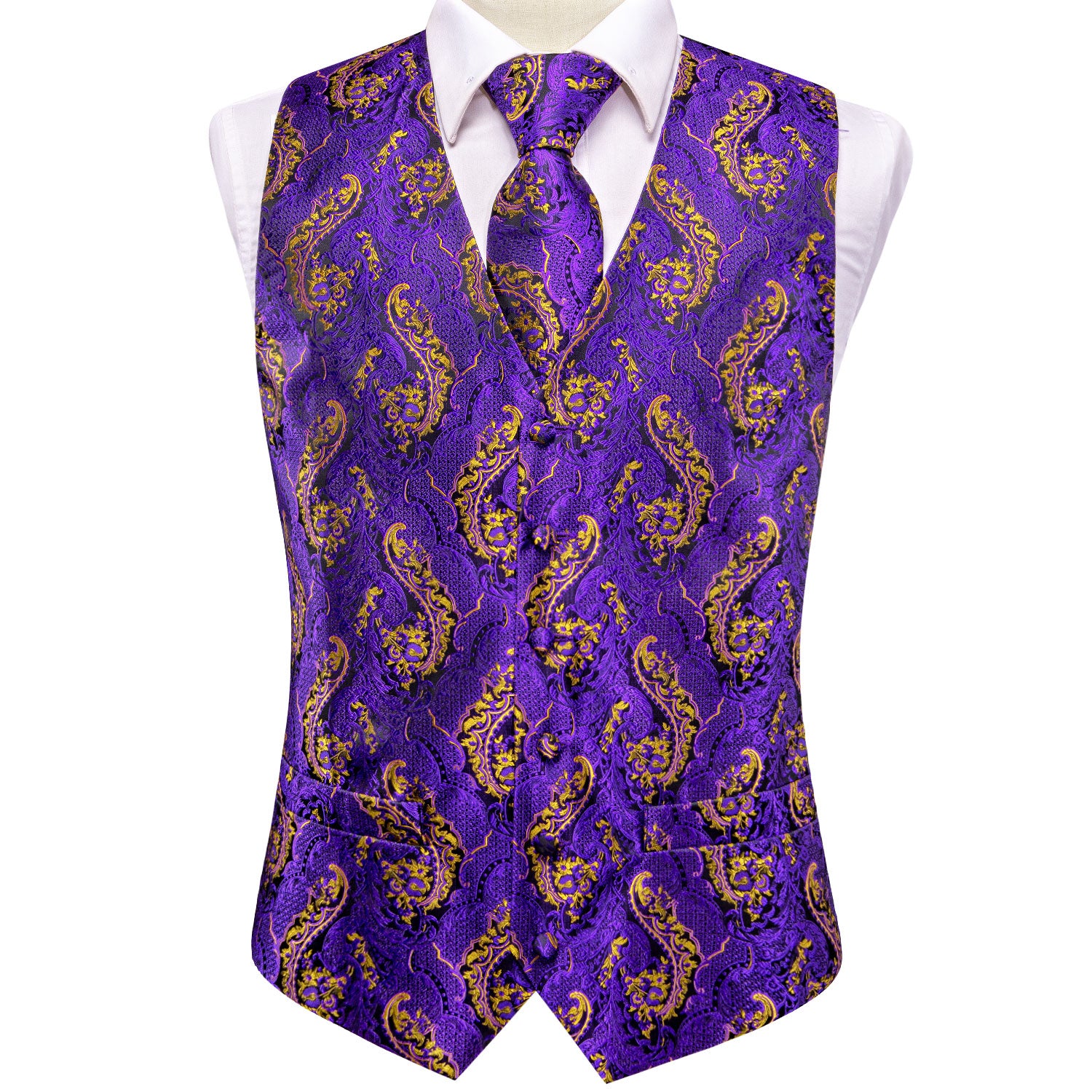 Purple Gold Paisley Silk Men's Vest Hanky Cufflinks Tie Set Waistcoat Suit Set