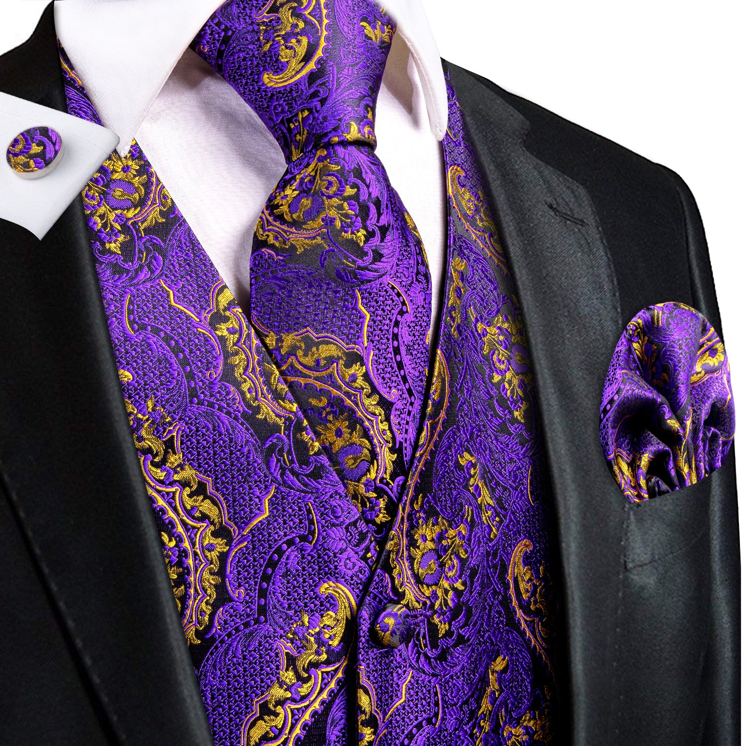 Purple Gold Paisley Silk Men's Vest Hanky Cufflinks Tie Set Waistcoat Suit Set