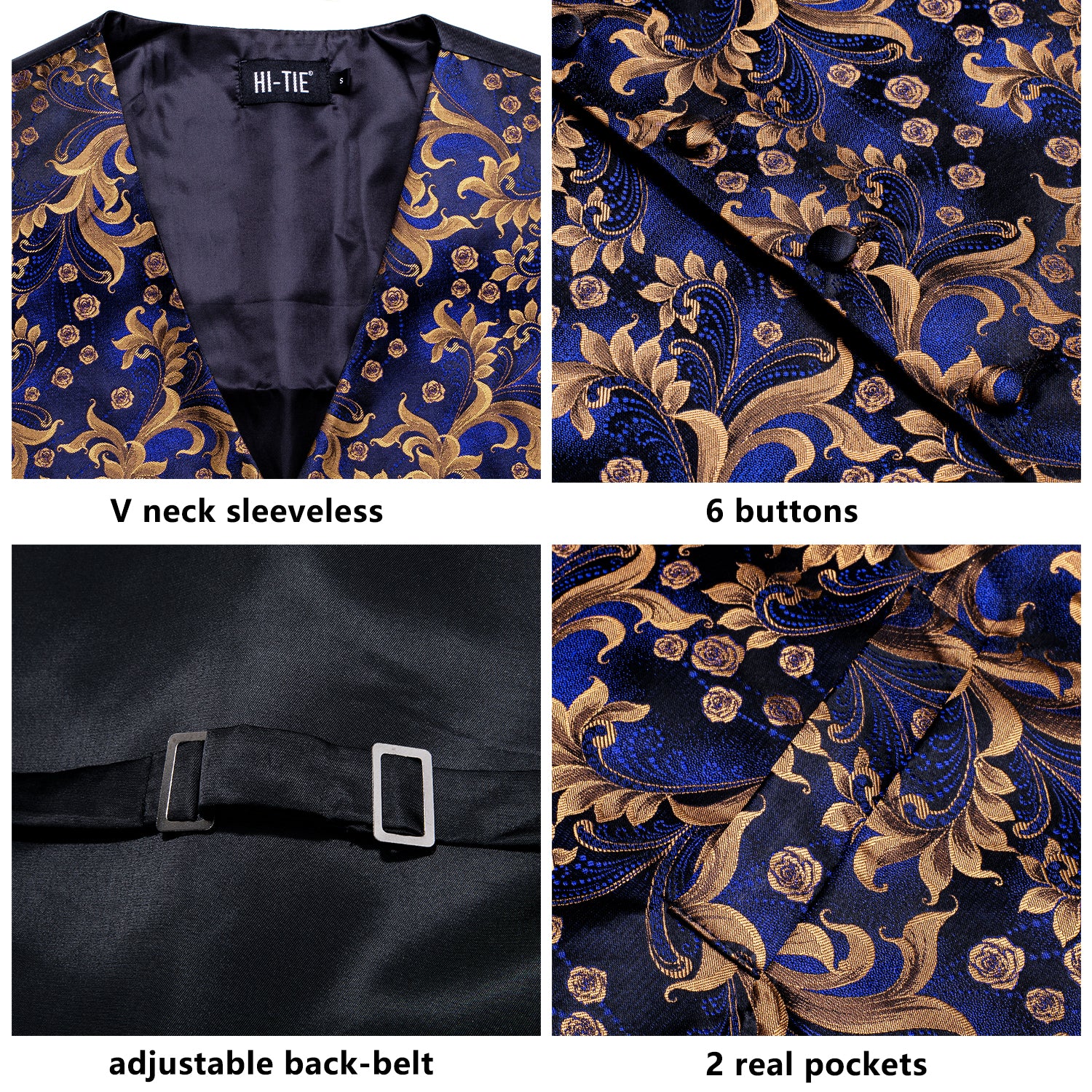 Dark Blue Golden Paisley Silk Men's Vest Hanky Cufflinks Tie Set Waistcoat Suit Set