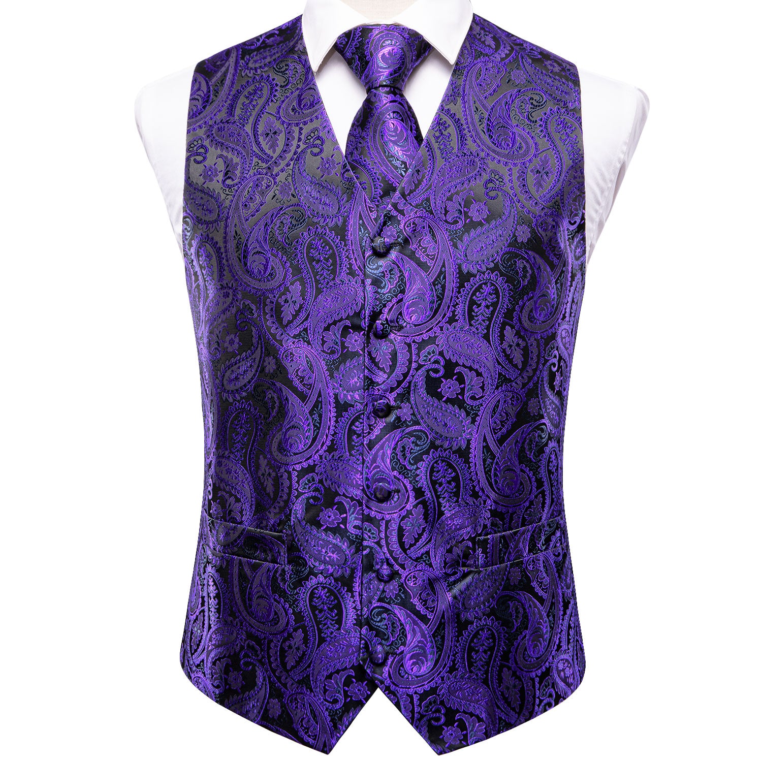 Shiny Purple Black Paisley Silk Men's Vest Hanky Cufflinks Tie Set Waistcoat Suit Set