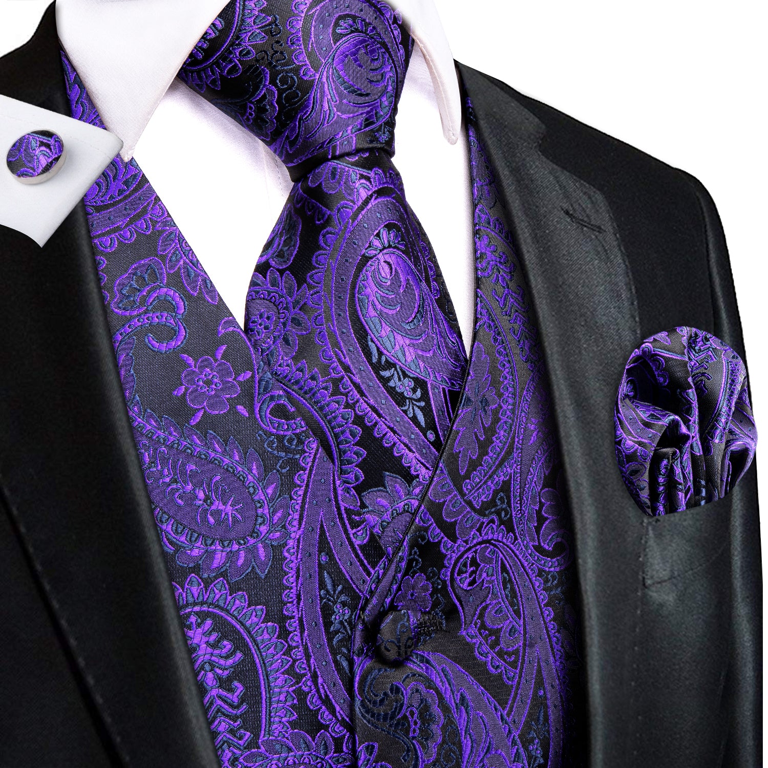 Shiny Purple Black Paisley Silk Men's Vest Hanky Cufflinks Tie Set Waistcoat Suit Set