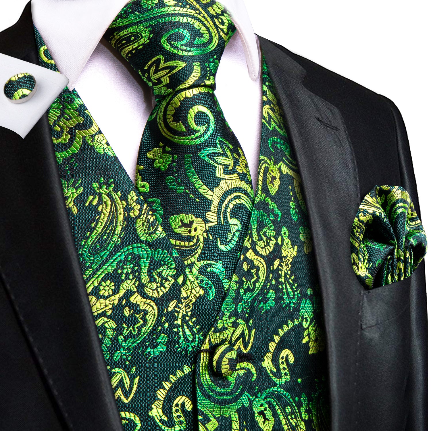 New Green Yellow Paisley Silk Men's Vest Hanky Cufflinks Tie Set Waistcoat Suit Set