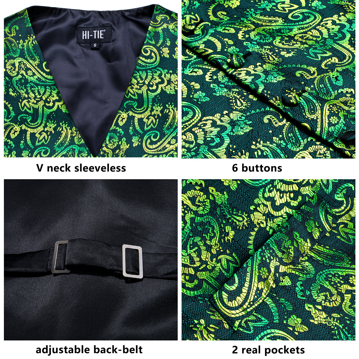 New Green Yellow Paisley Silk Men's Vest Hanky Cufflinks Tie Set Waistcoat Suit Set