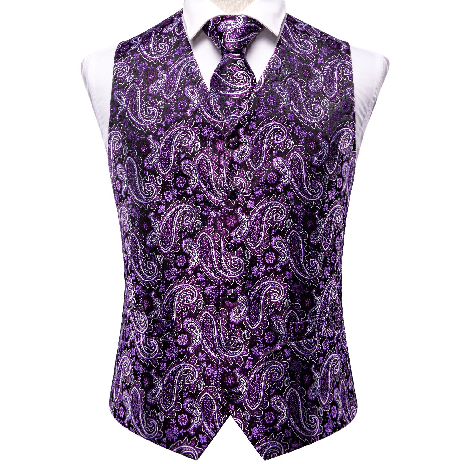 New Purple Paisley Floral Silk Men's Vest Hanky Cufflinks Tie Set Waistcoat Suit Set