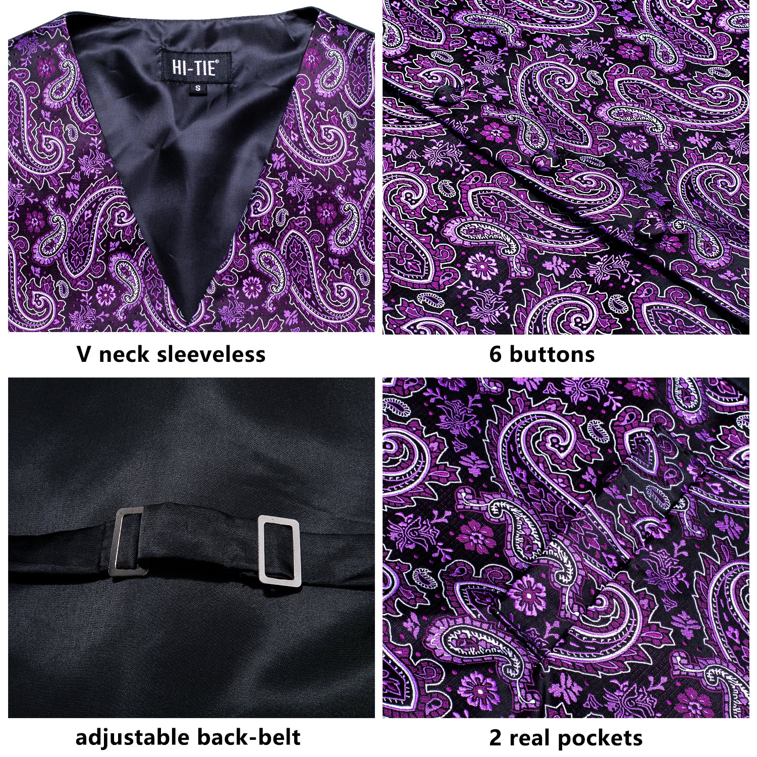 New Purple Paisley Floral Silk Men's Vest Hanky Cufflinks Tie Set Waistcoat Suit Set